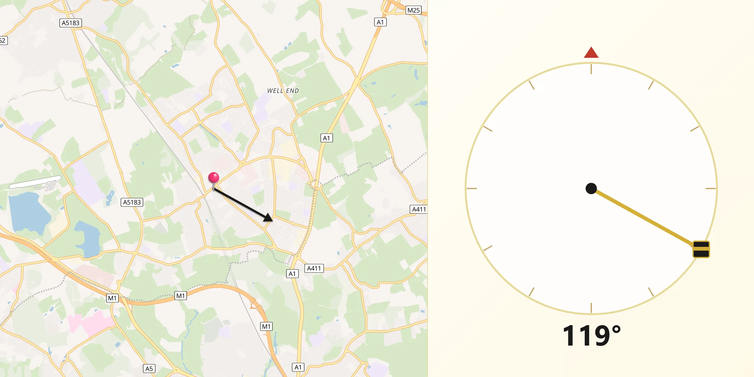 Qibla Direction from Borehamwood