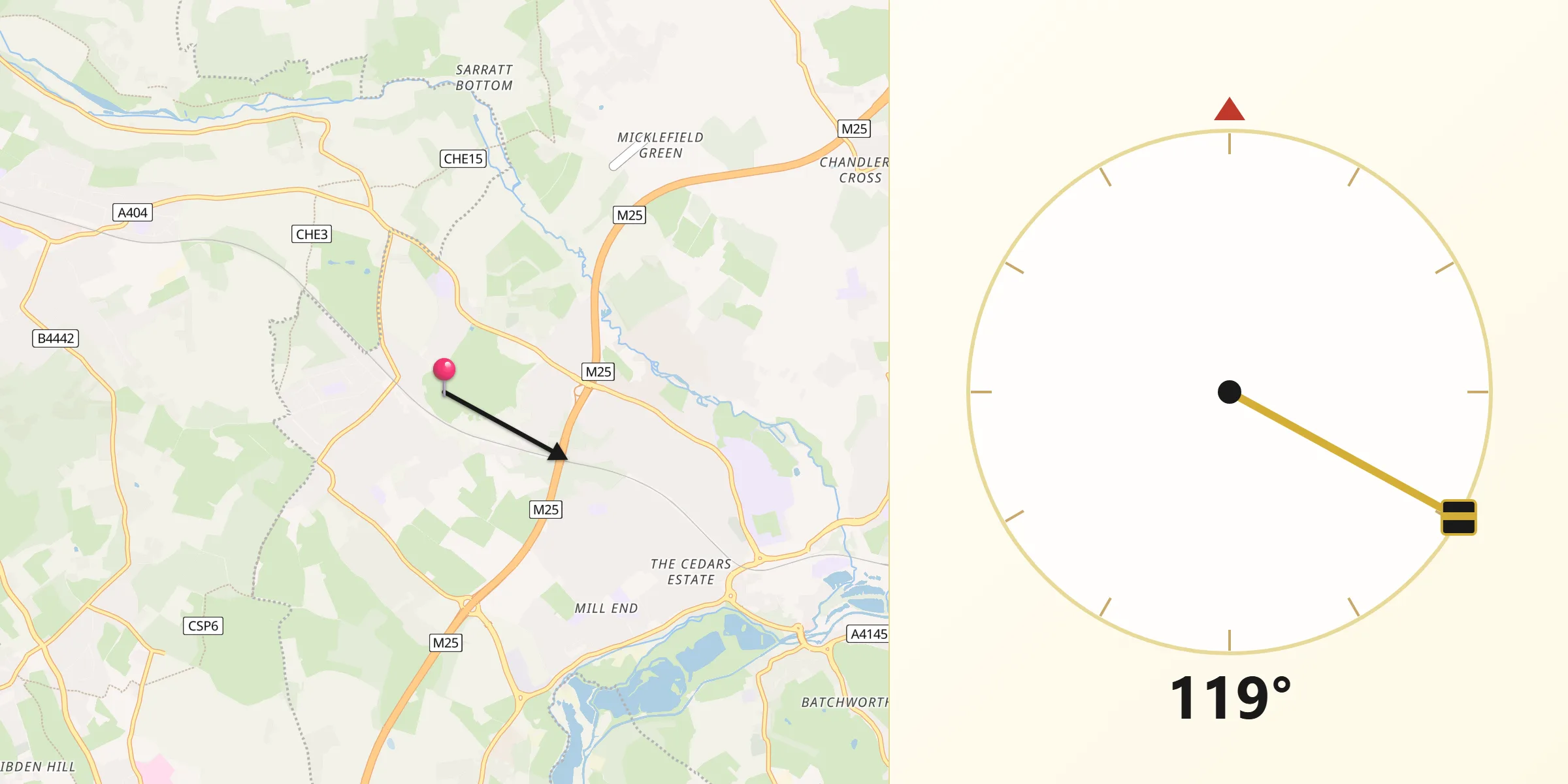 Qibla Direction from Chorleywood