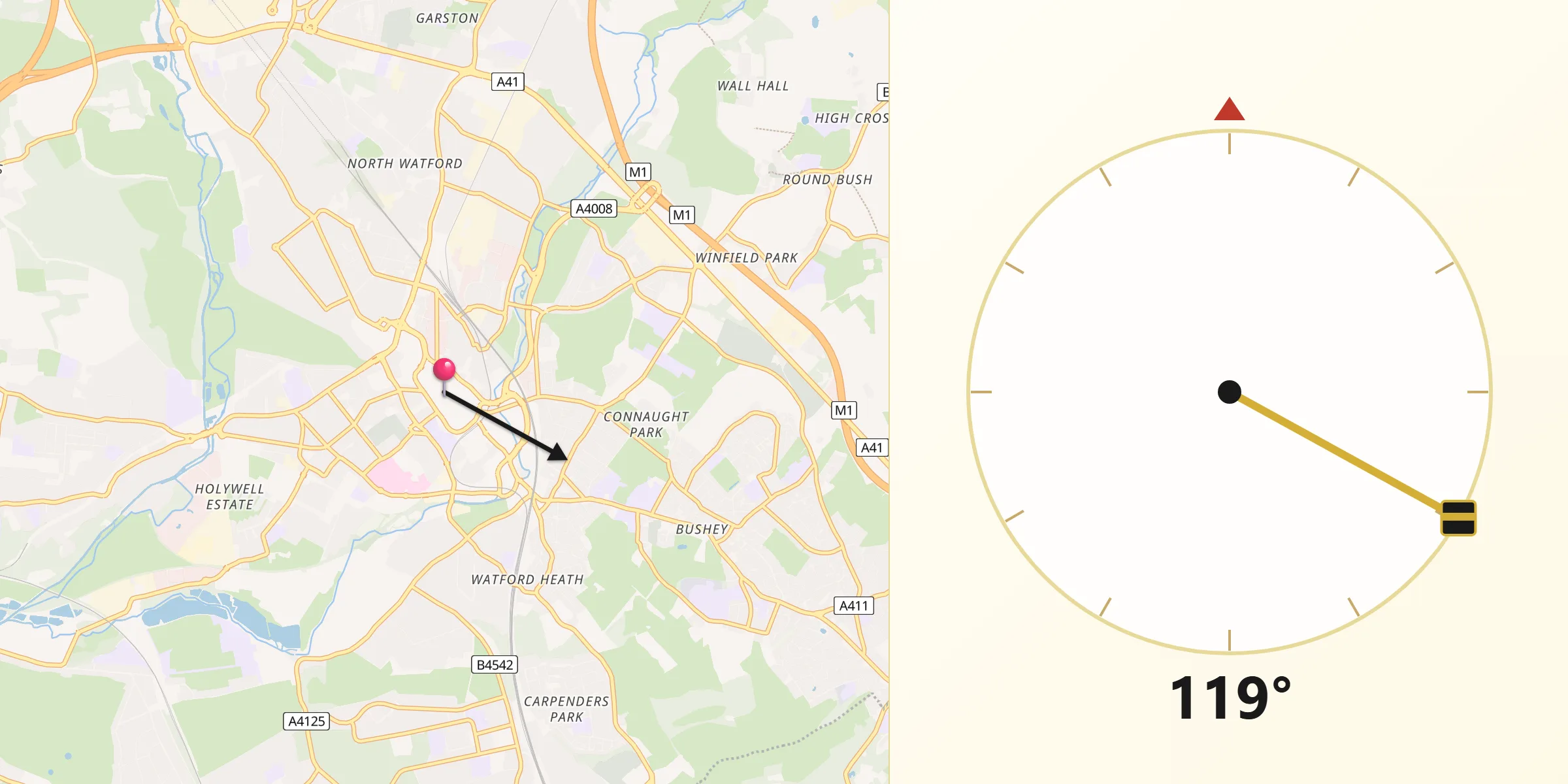 Direzione della Qibla da Watford