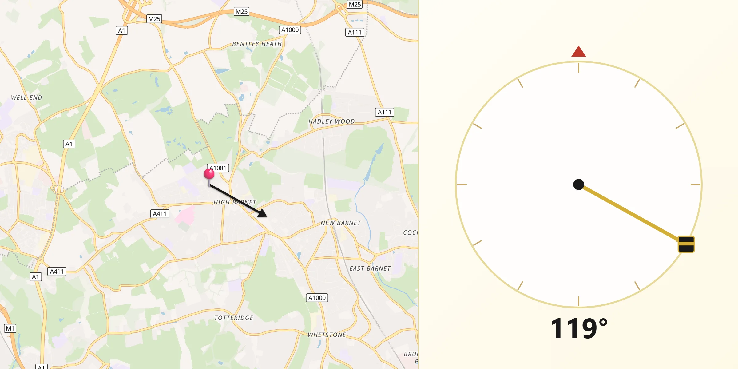 Qibla Direction from High Barnet