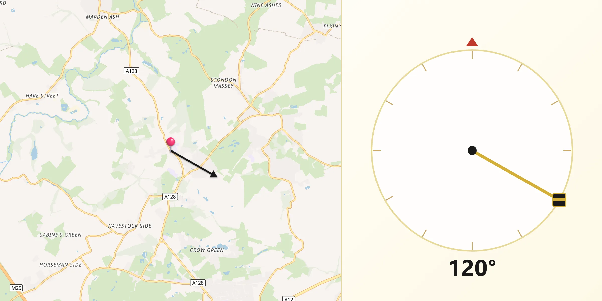 Qibla Direction from Kelvedon Hatch