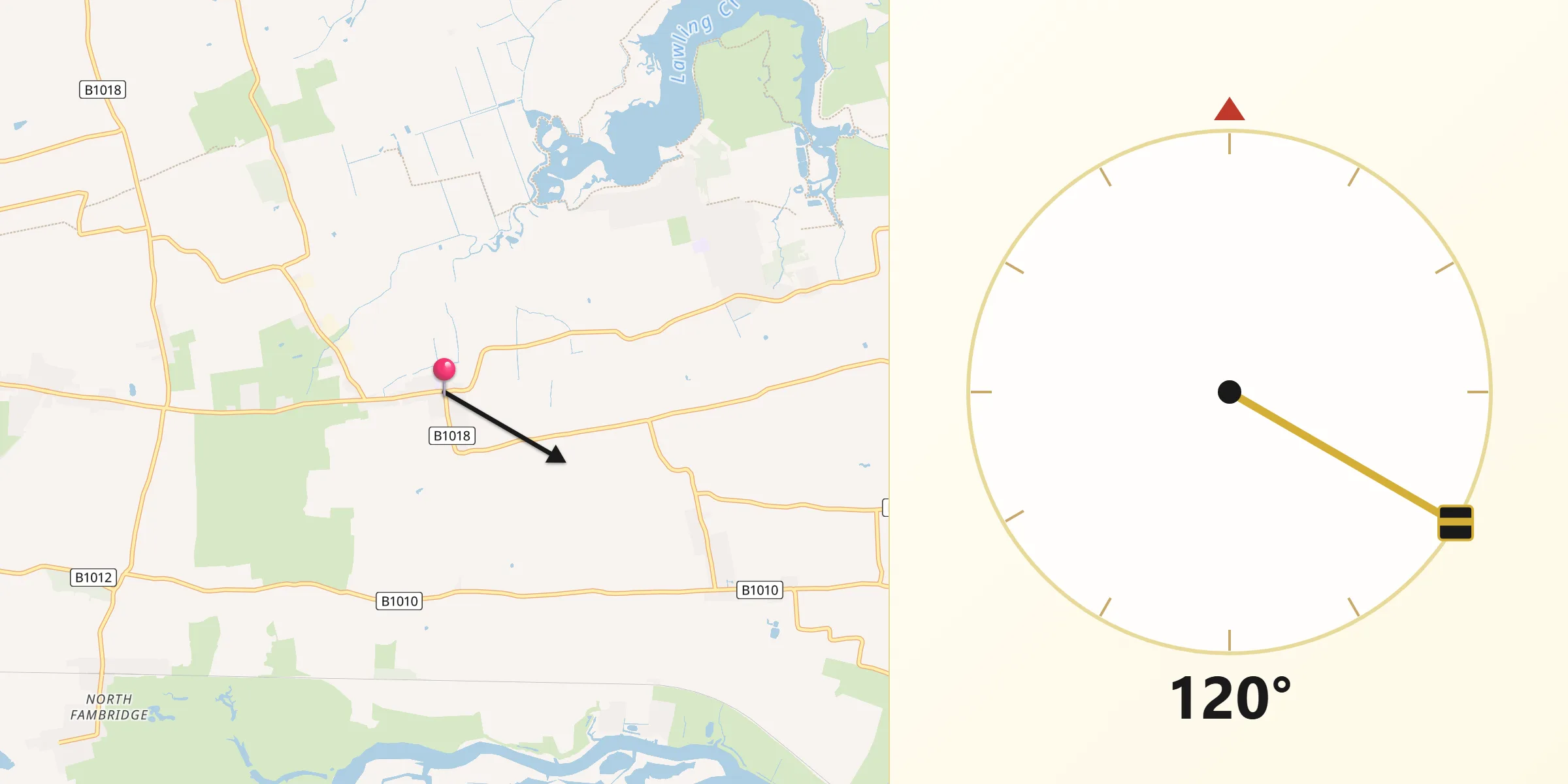 Qibla Direction from Latchingdon and Snoreham