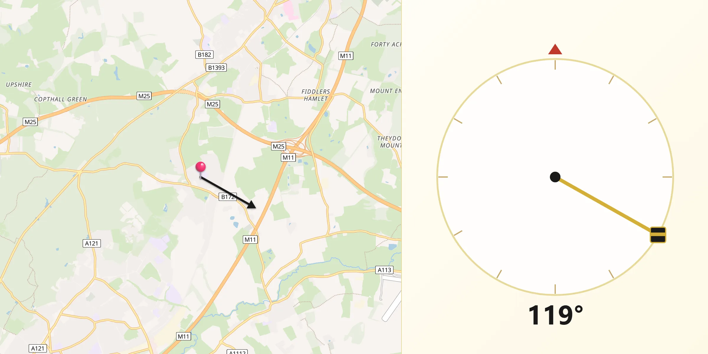 Qibla Direction from Theydon Bois