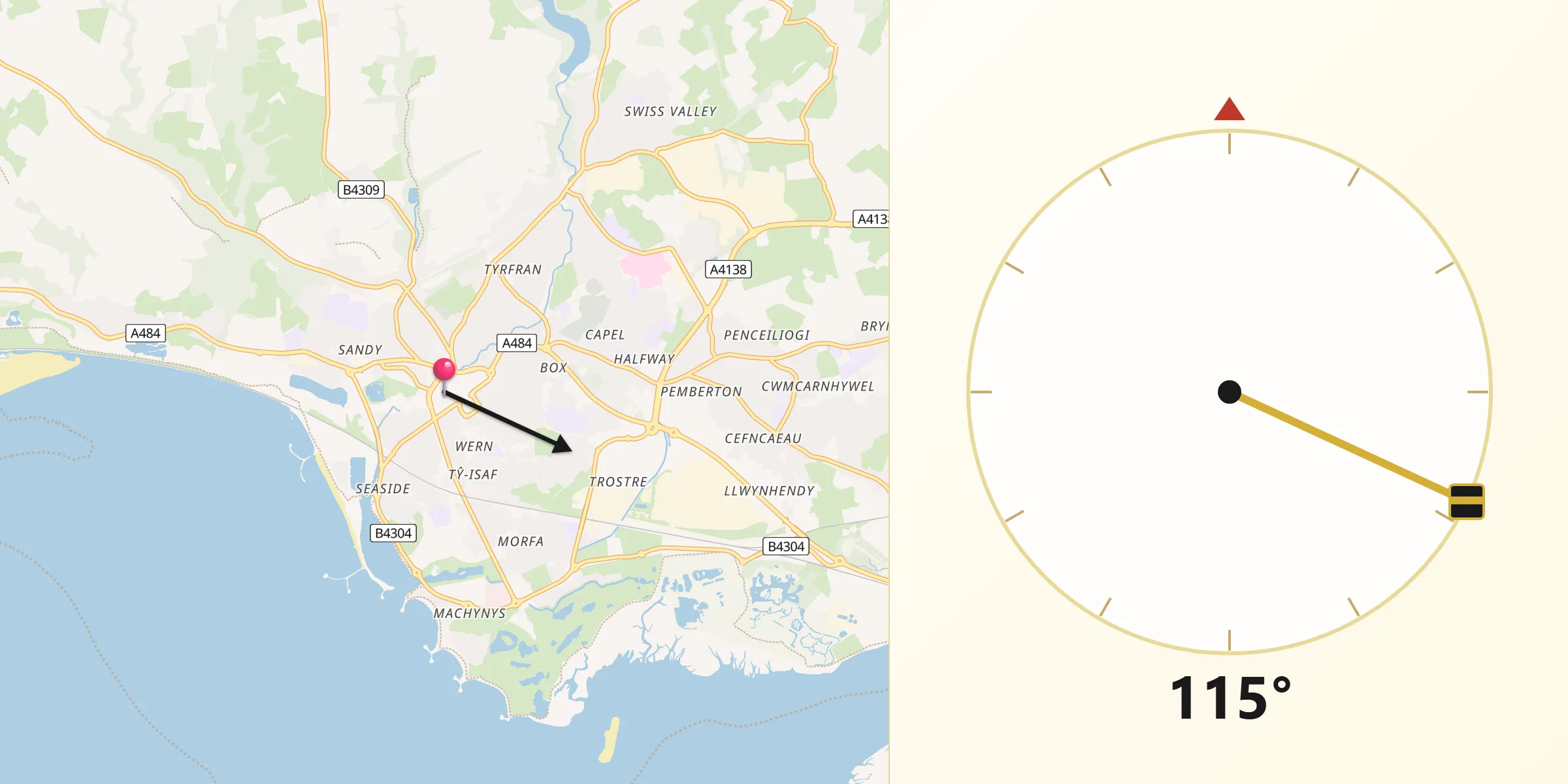 Qibla Direction from Llanelli