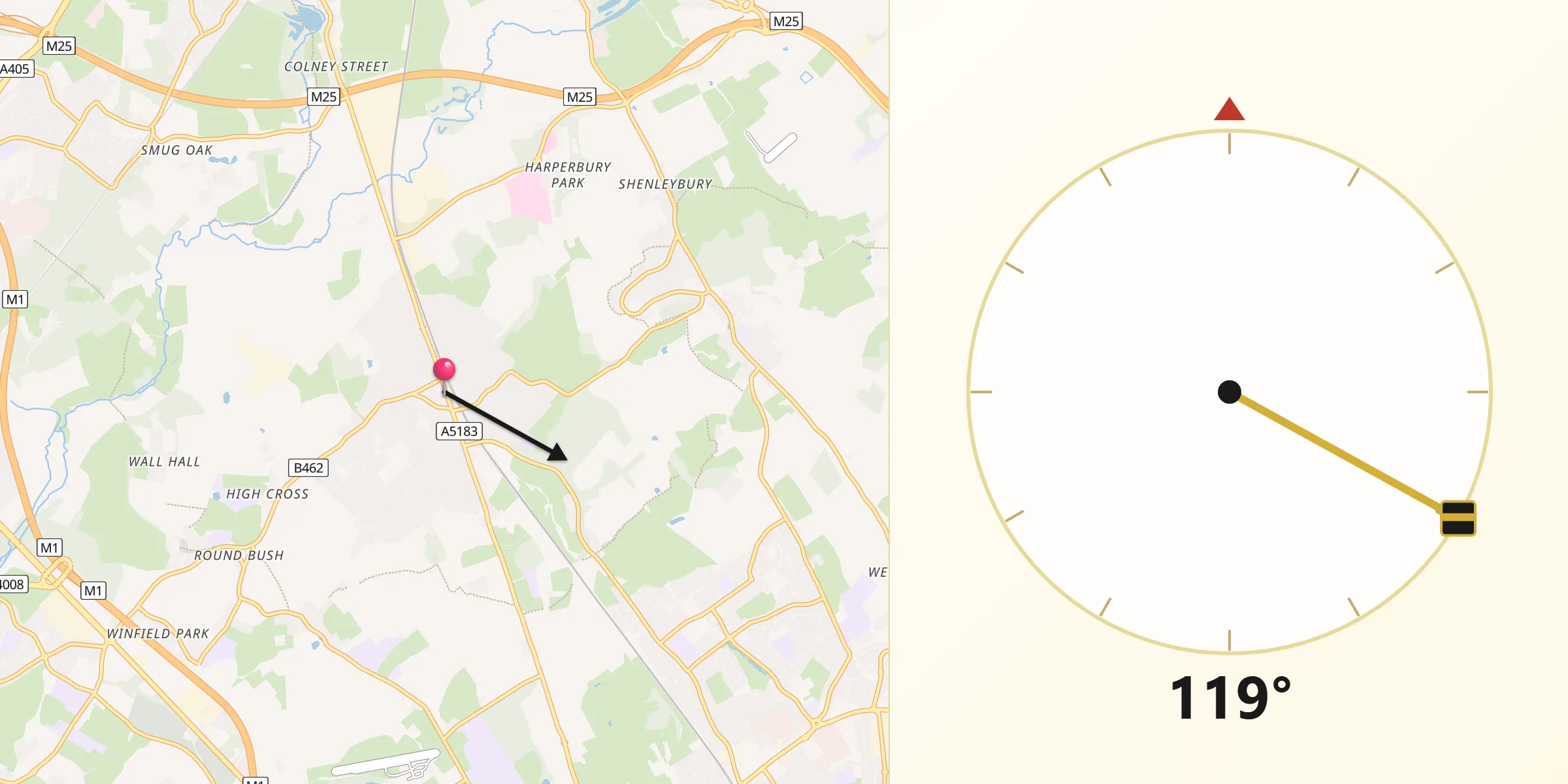 Qibla Direction from Radlett