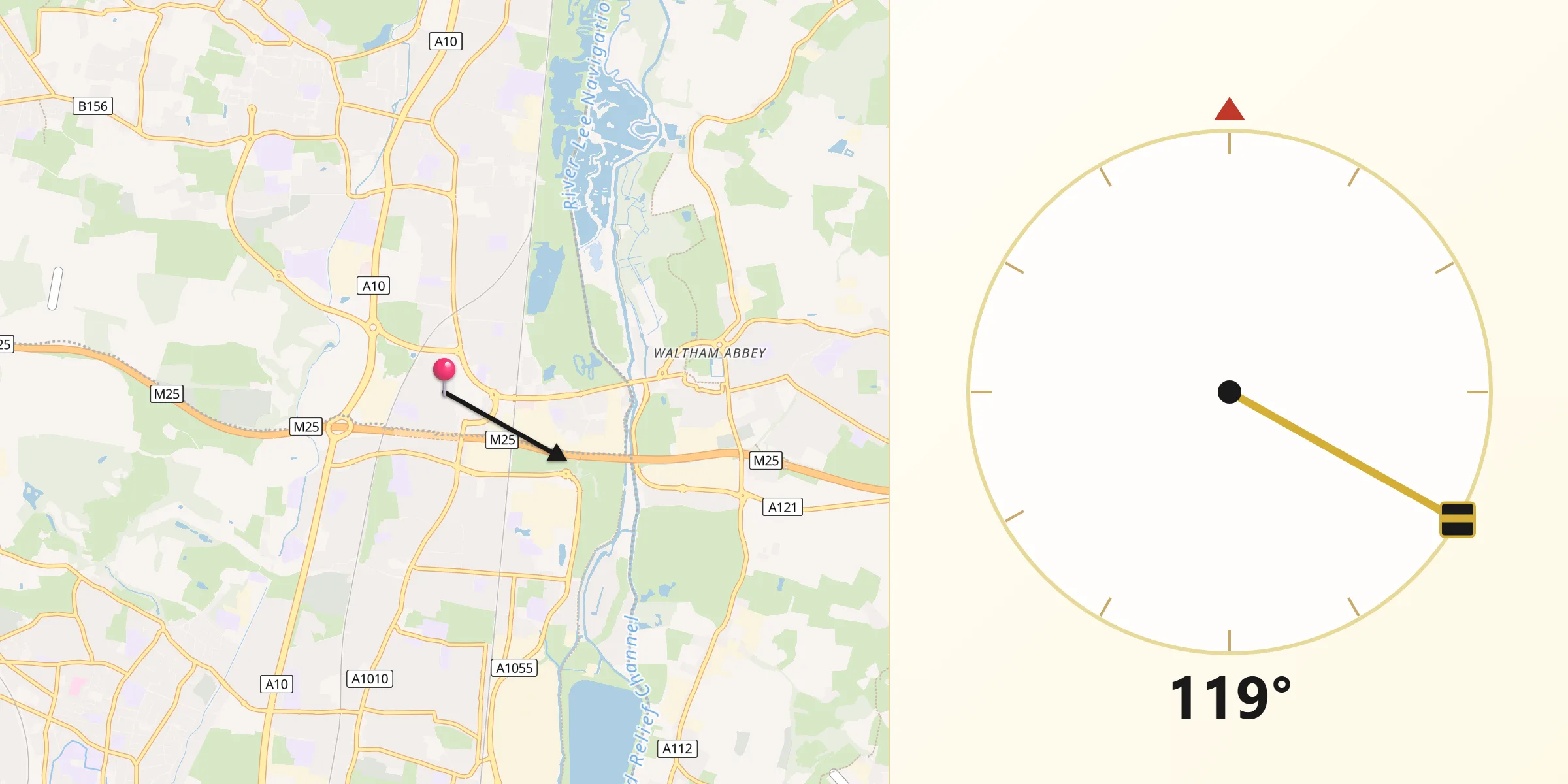 Qibla Direction from Waltham Cross