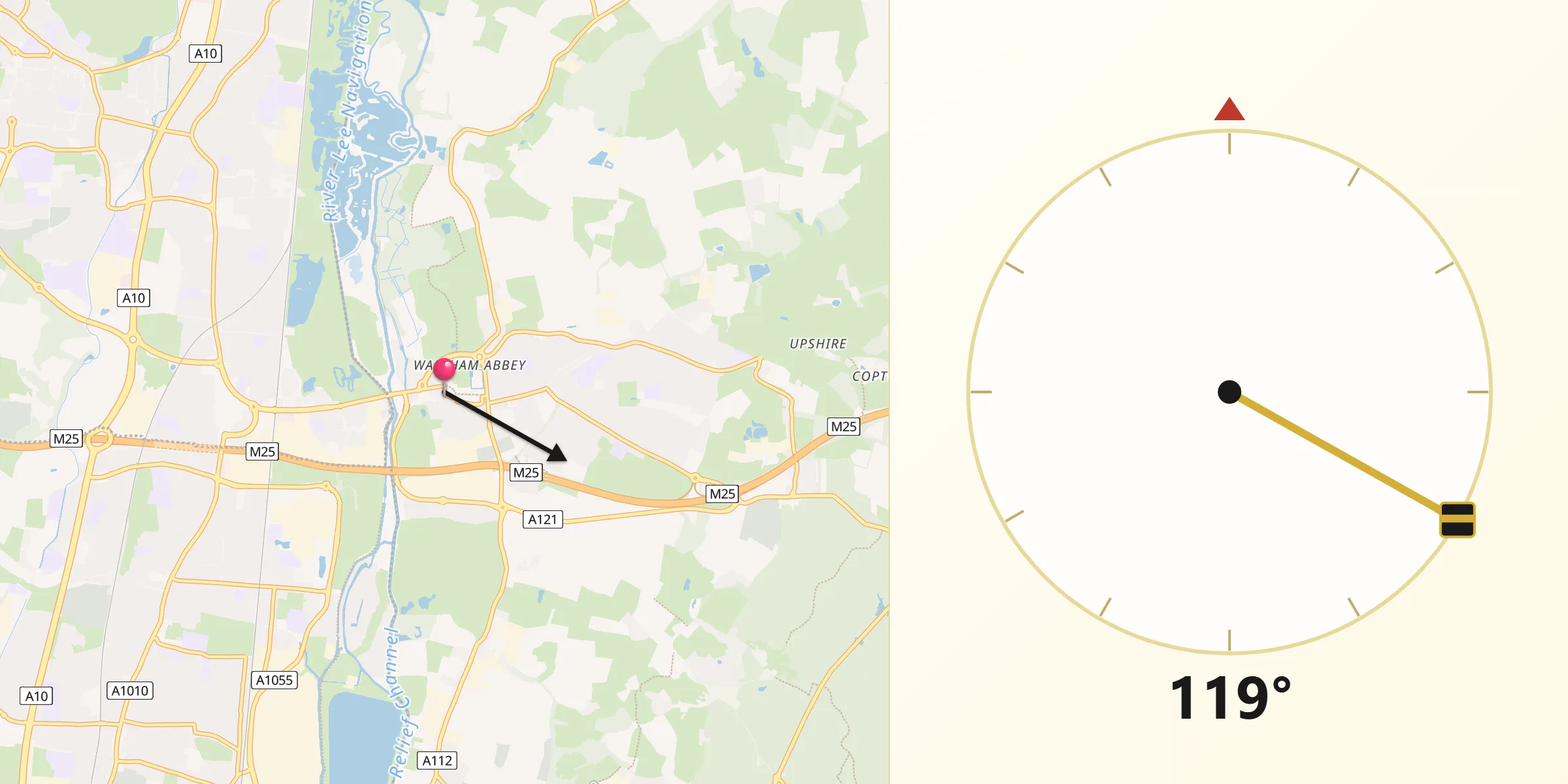Qibla Direction from Waltham Abbey