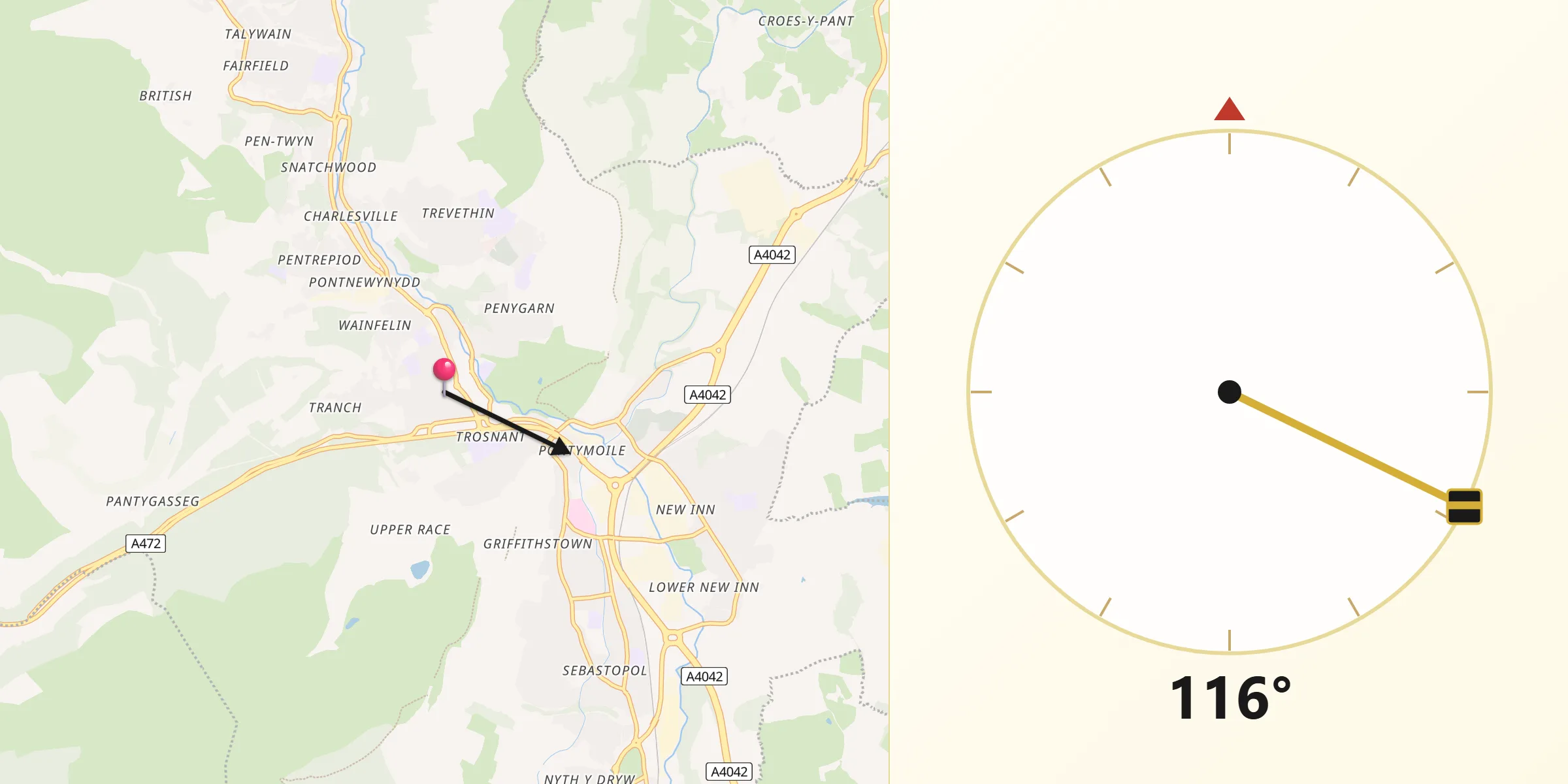 Qibla Direction from Pontypool