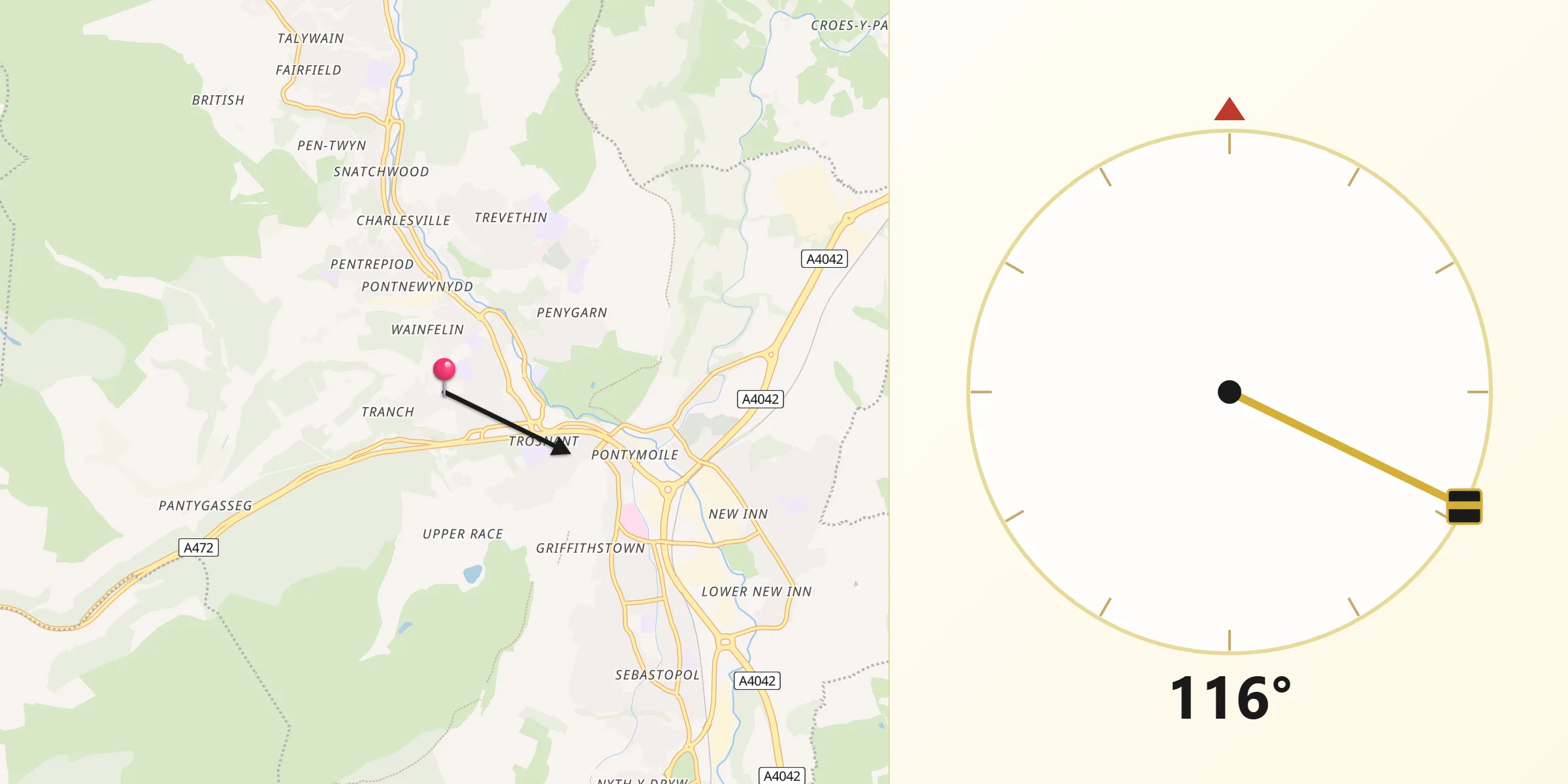 Qibla Direction from Torfaen County Borough