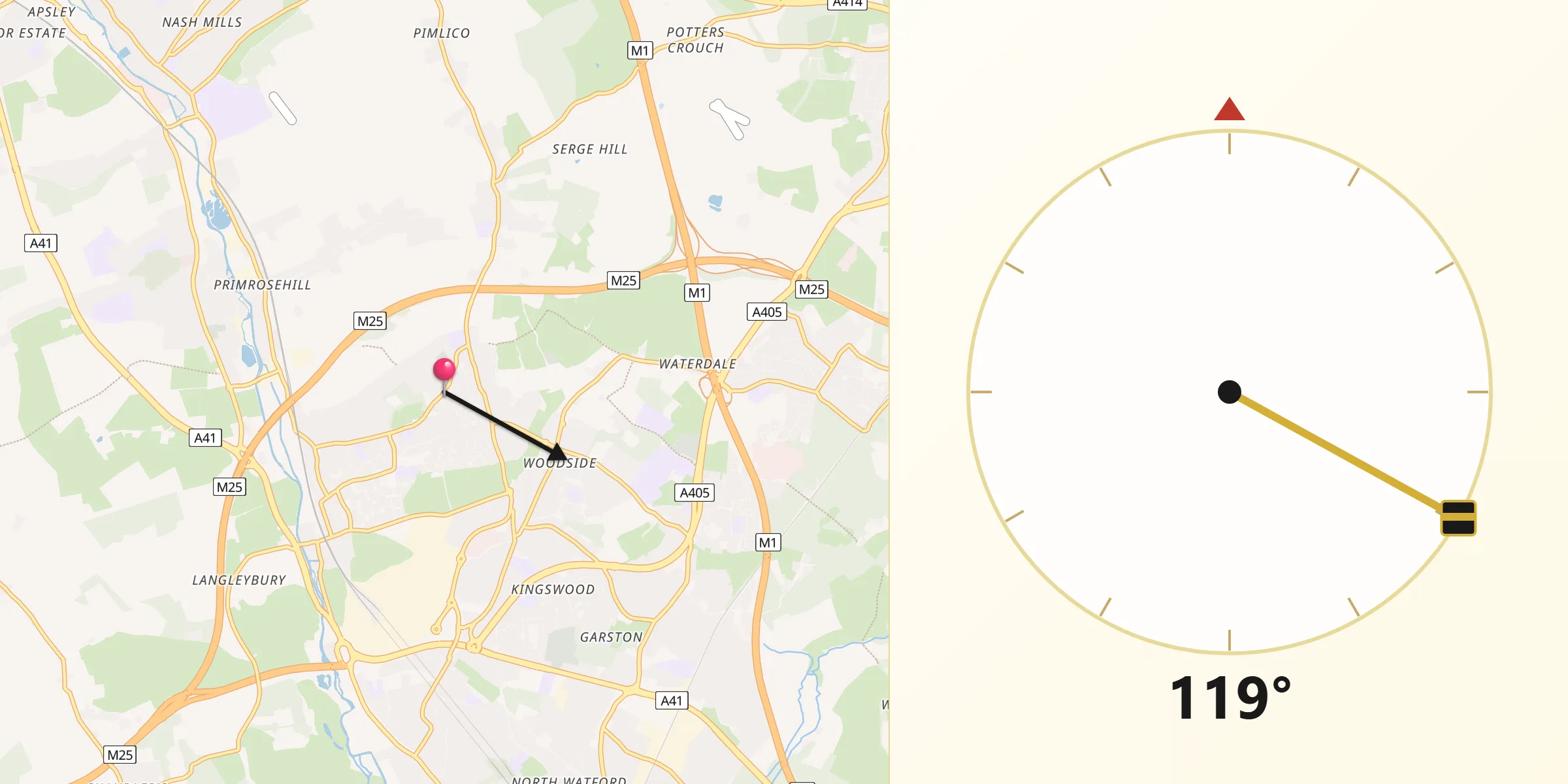 Qibla Direction from Abbots Langley