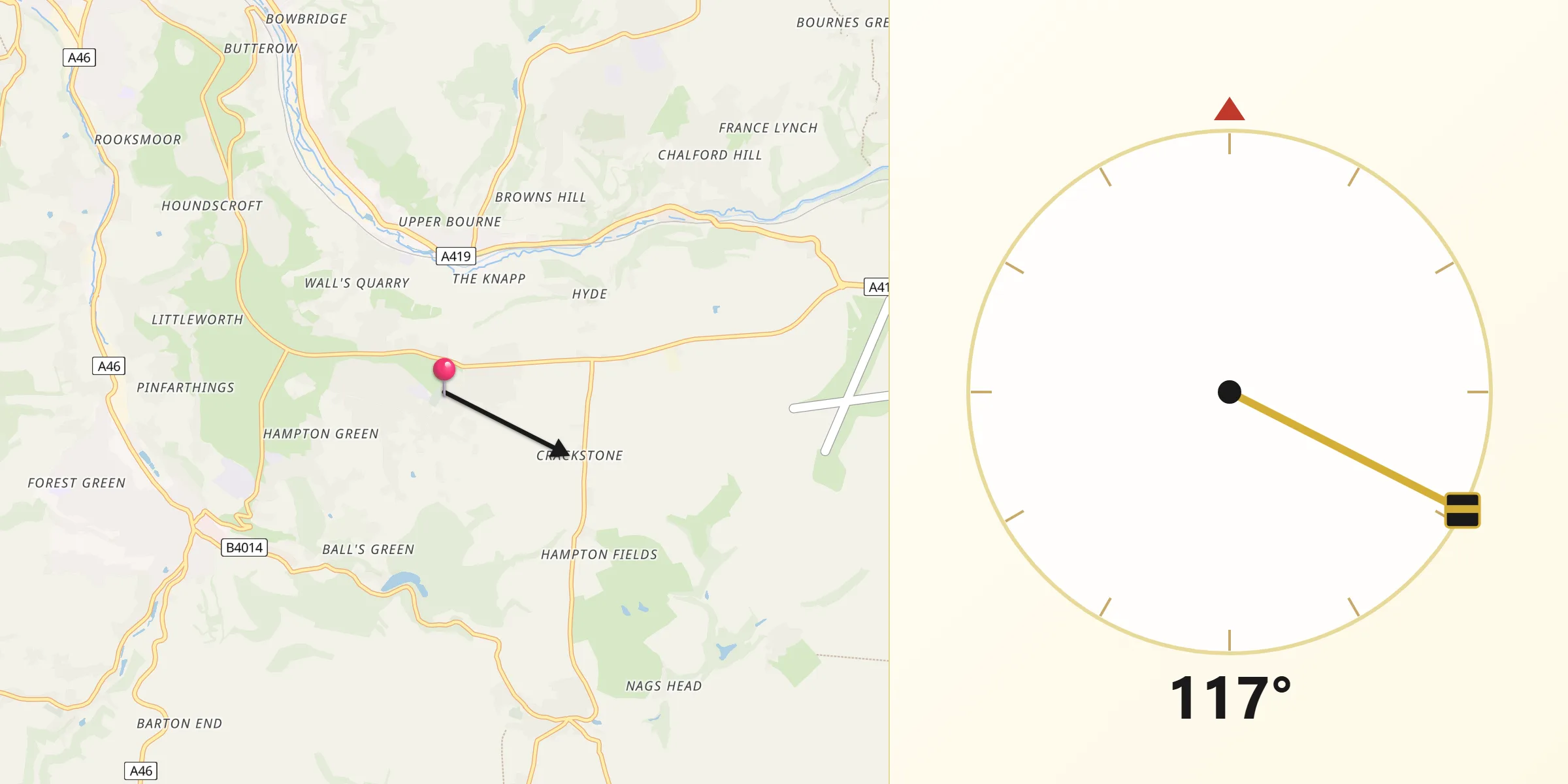 Qibla Direction from Minchinhampton