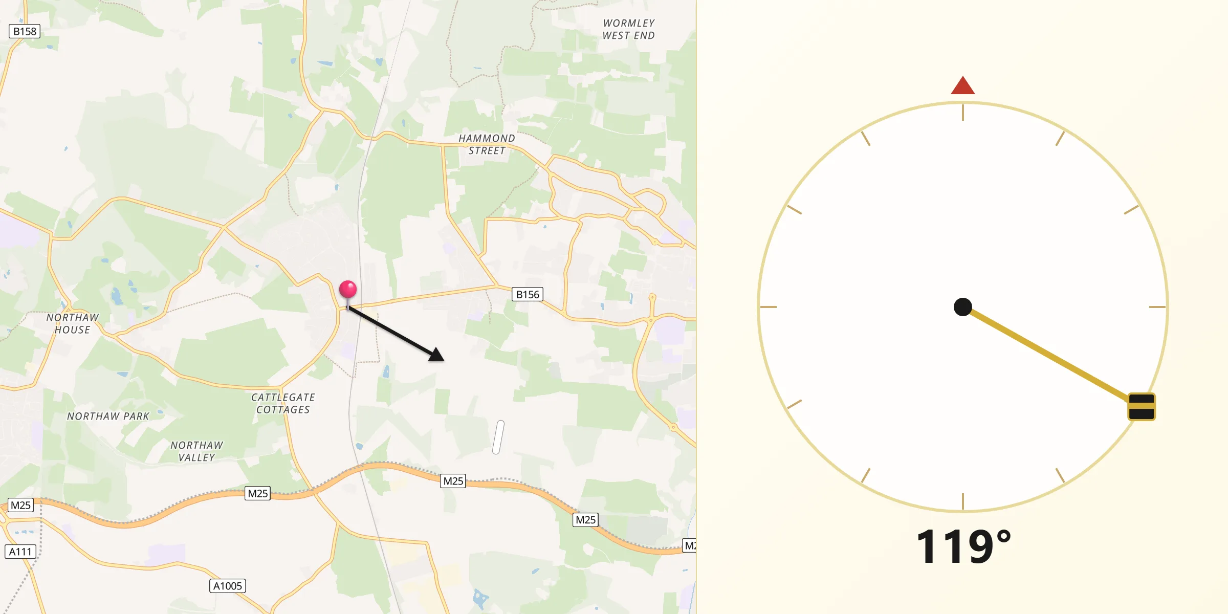 Qibla Direction from Cuffley