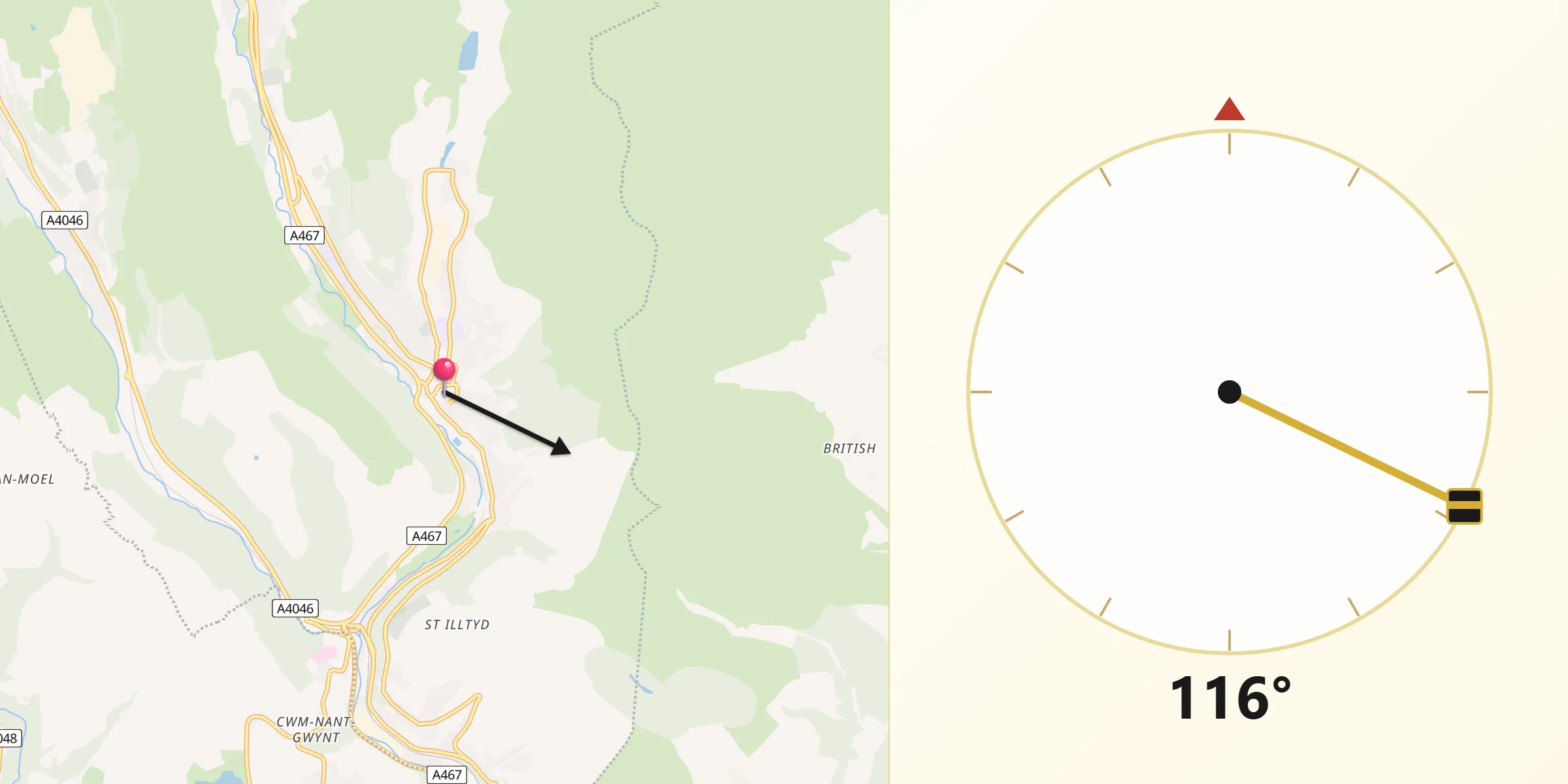 Qibla Direction from Abertillery