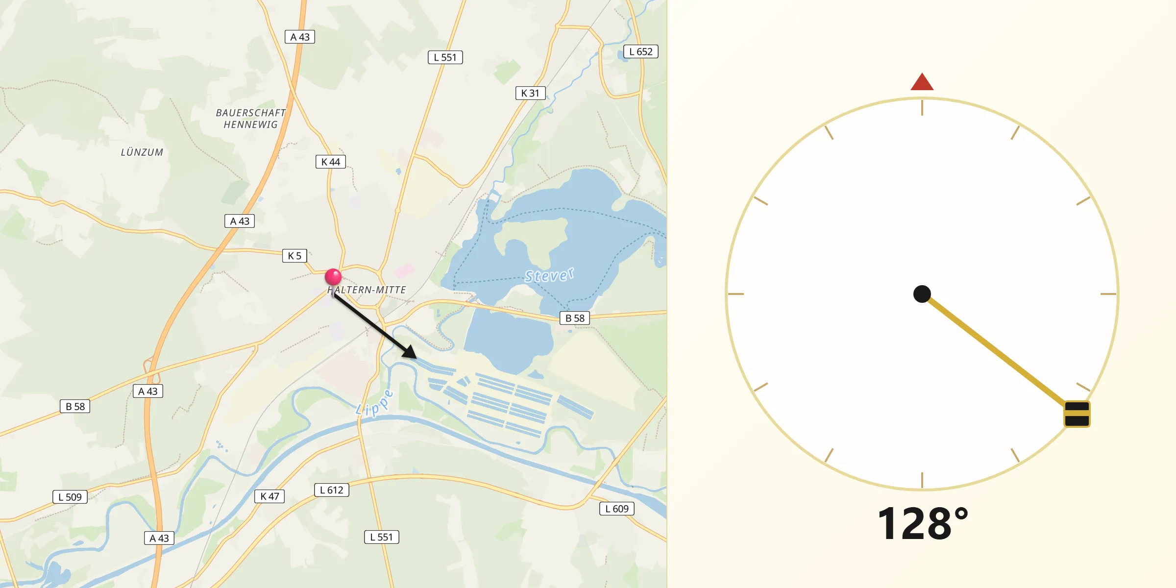 Qibla-Richtung von Haltern in Westfalen