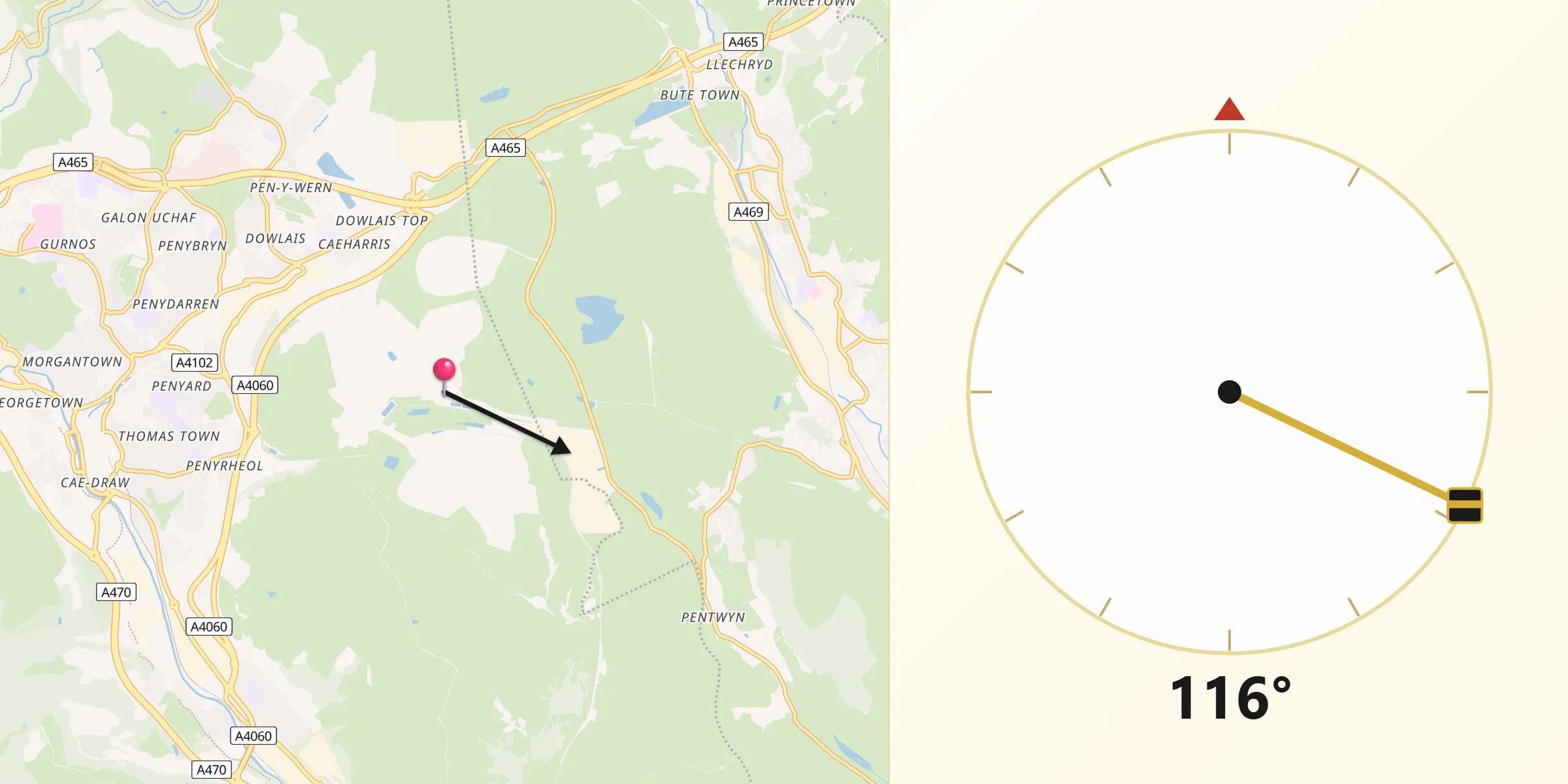 Qibla Direction from Merthyr Tydfil County Borough