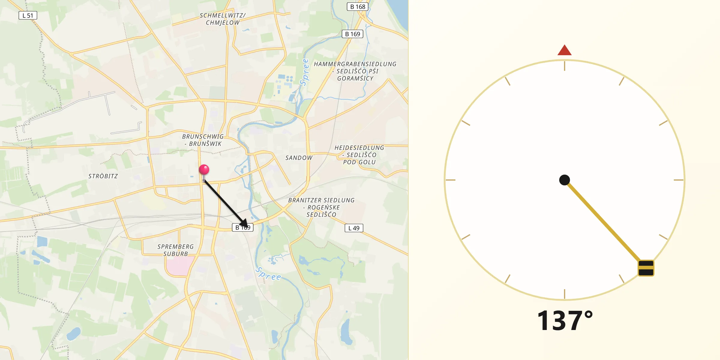 Qibla-Richtung von Cottbus