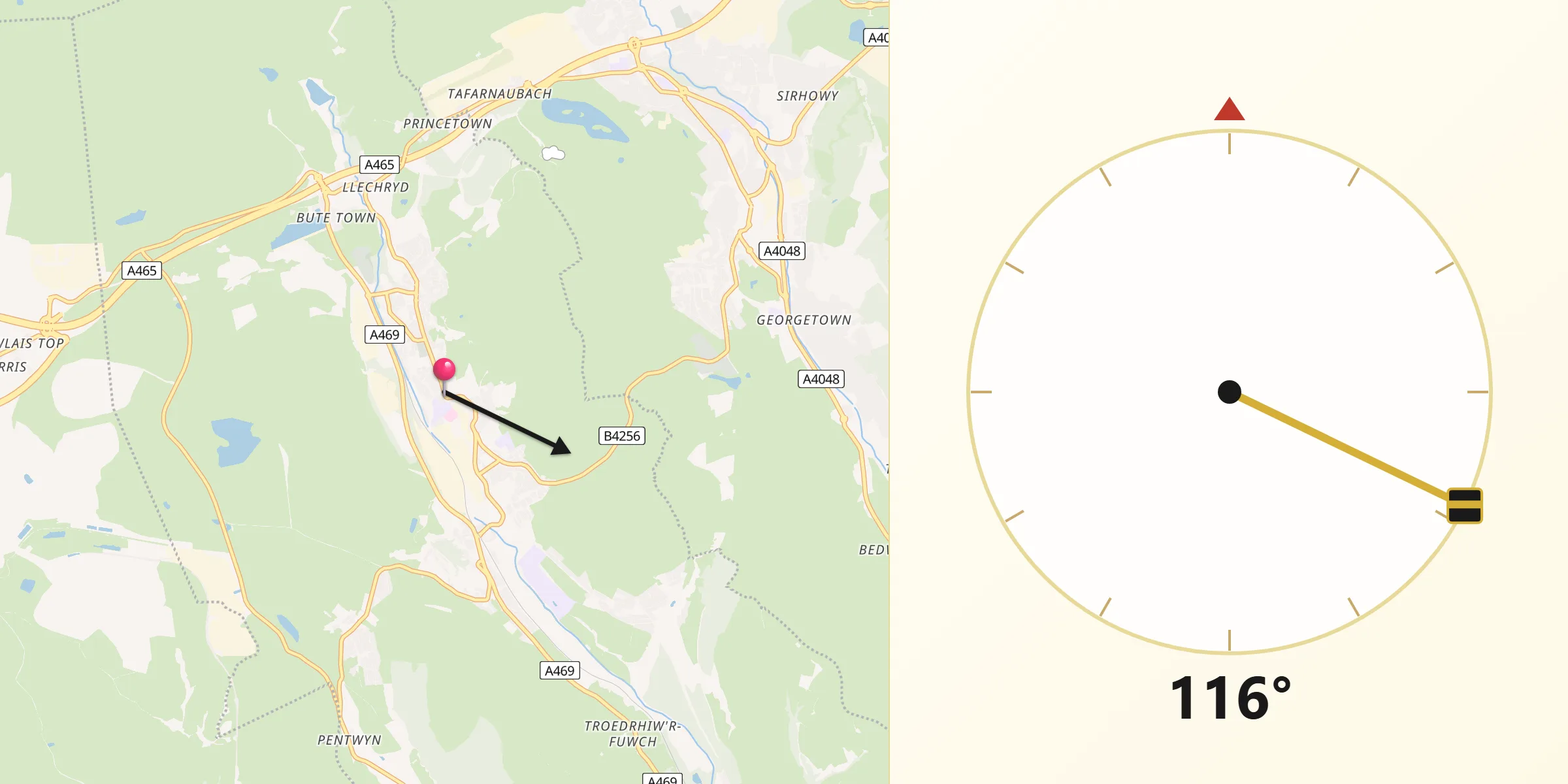 Qibla Direction from Rhymney