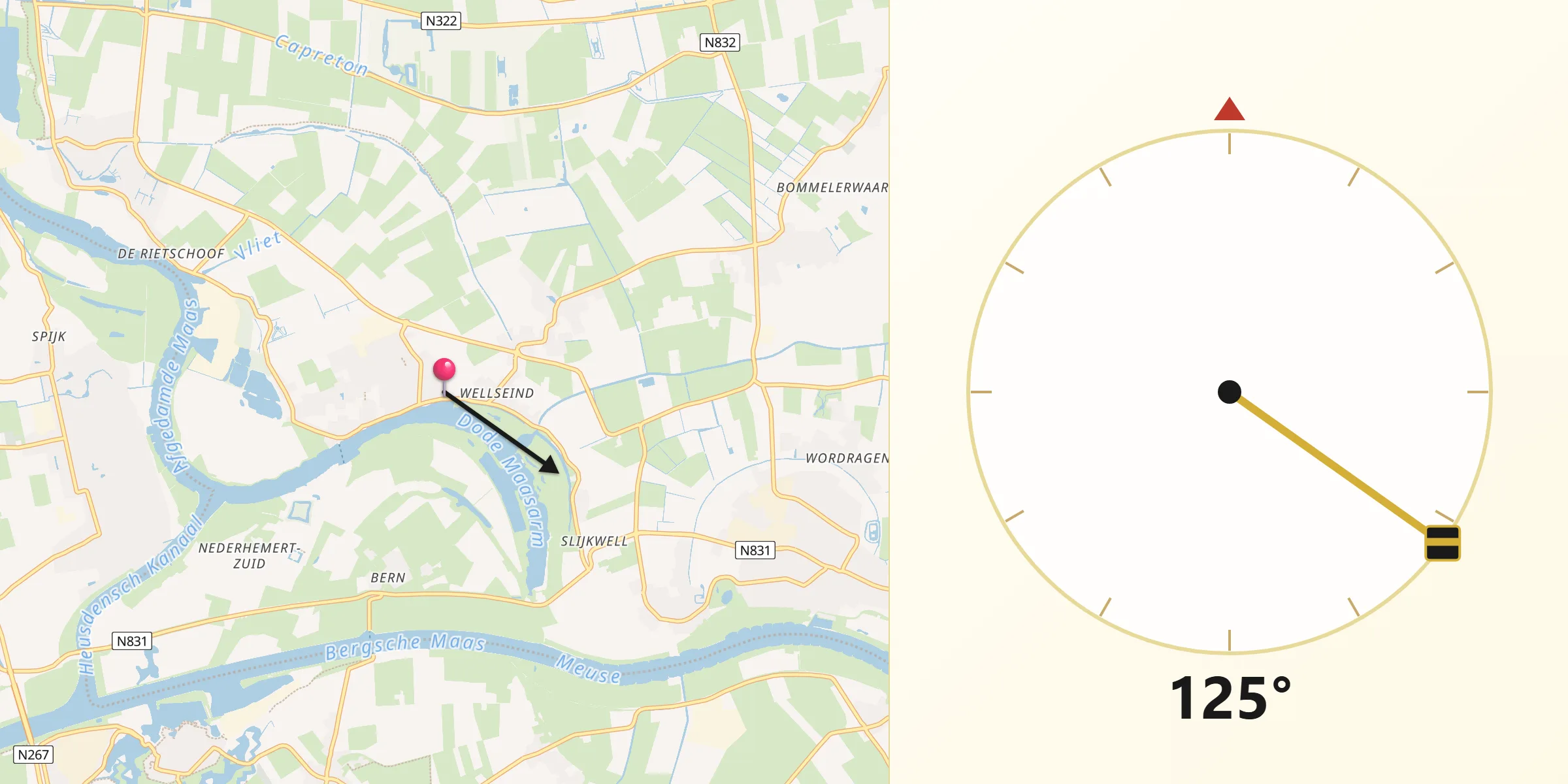Qibla Richting vanaf Nederhemert-Noord