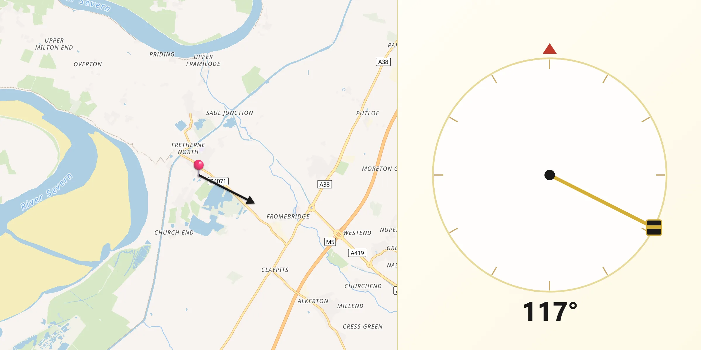 Qibla Direction from Frampton on Severn