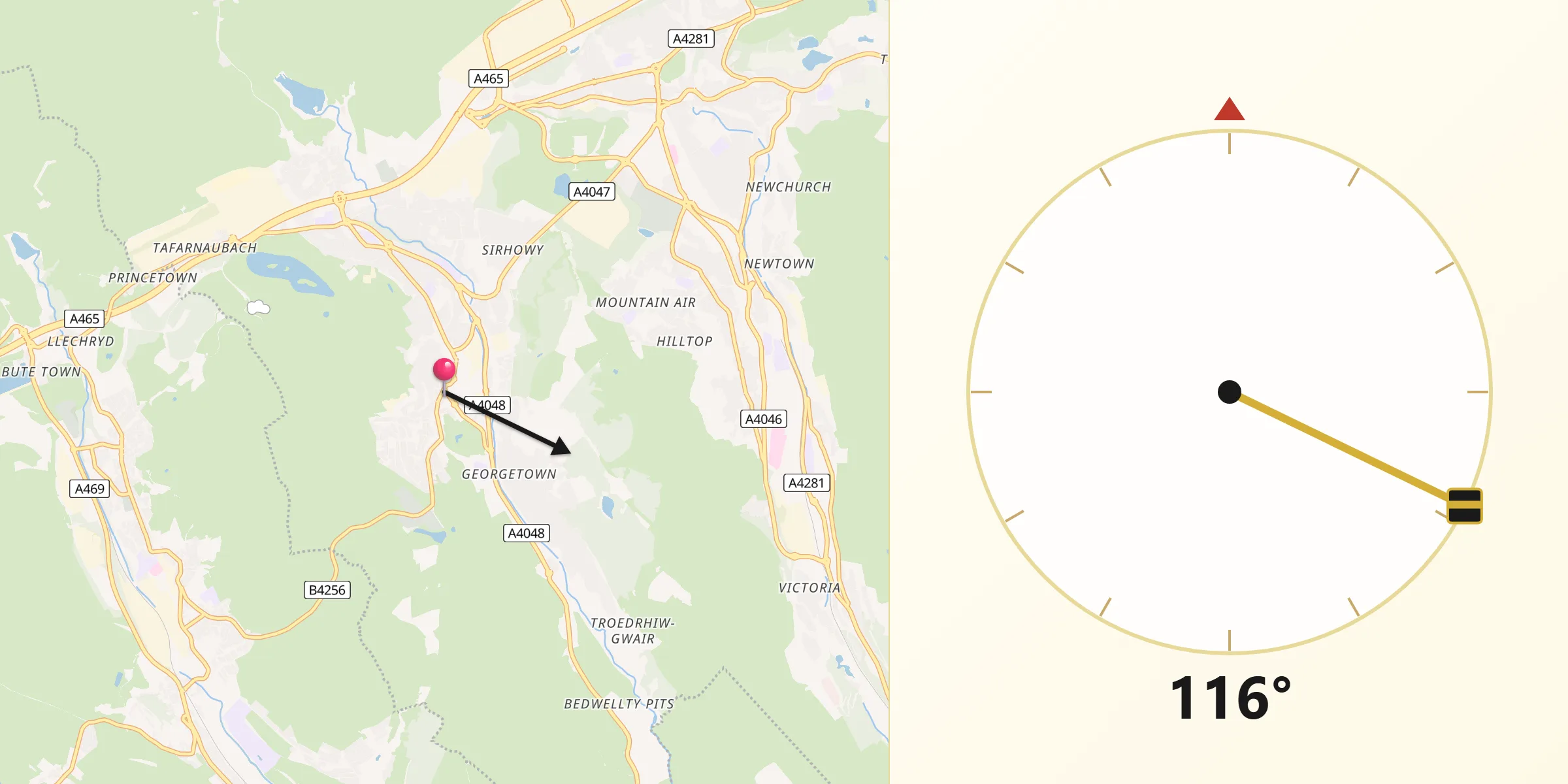 Qibla Direction from Tredegar