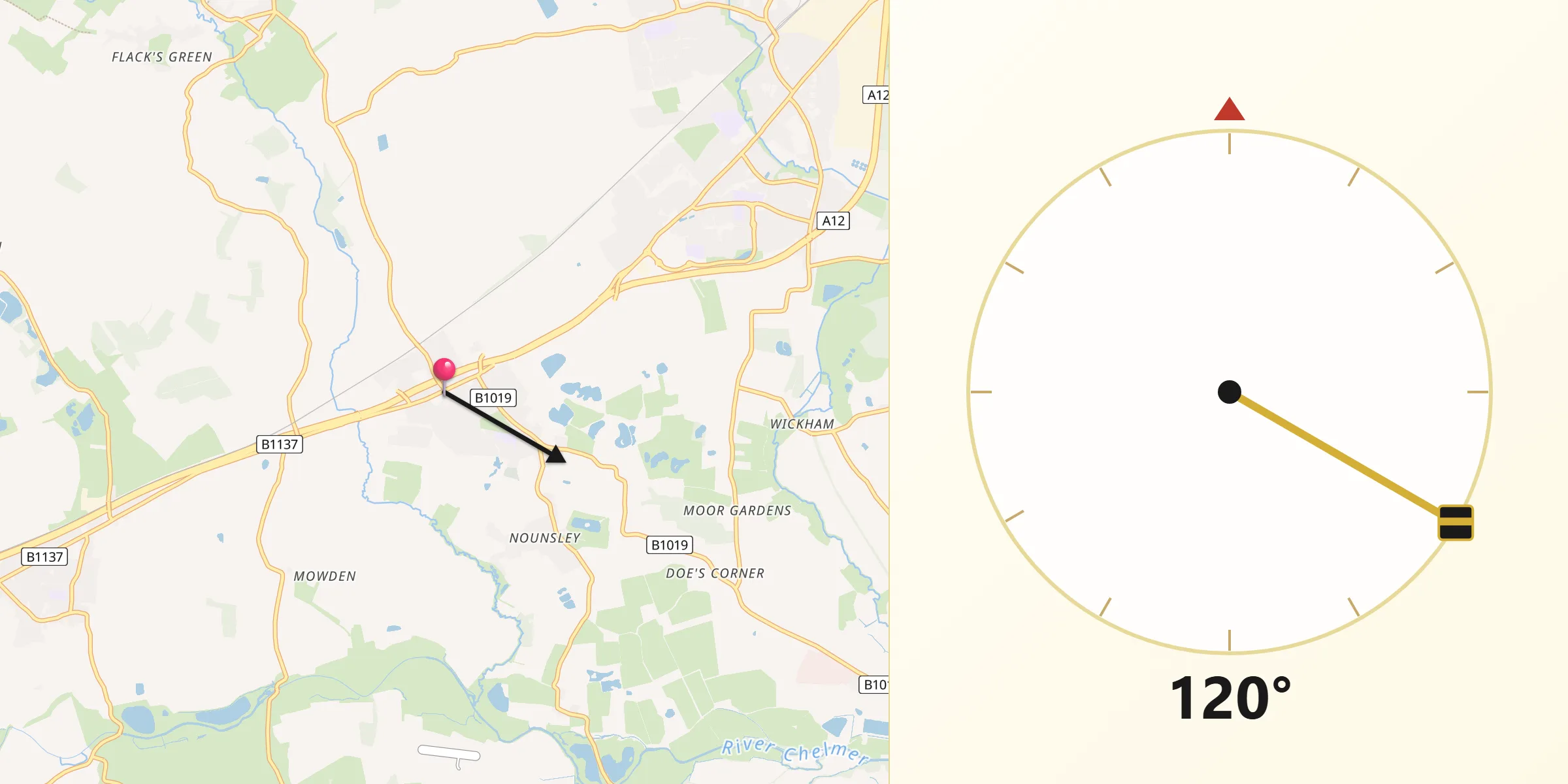 Qibla Direction from Hatfield Peverel