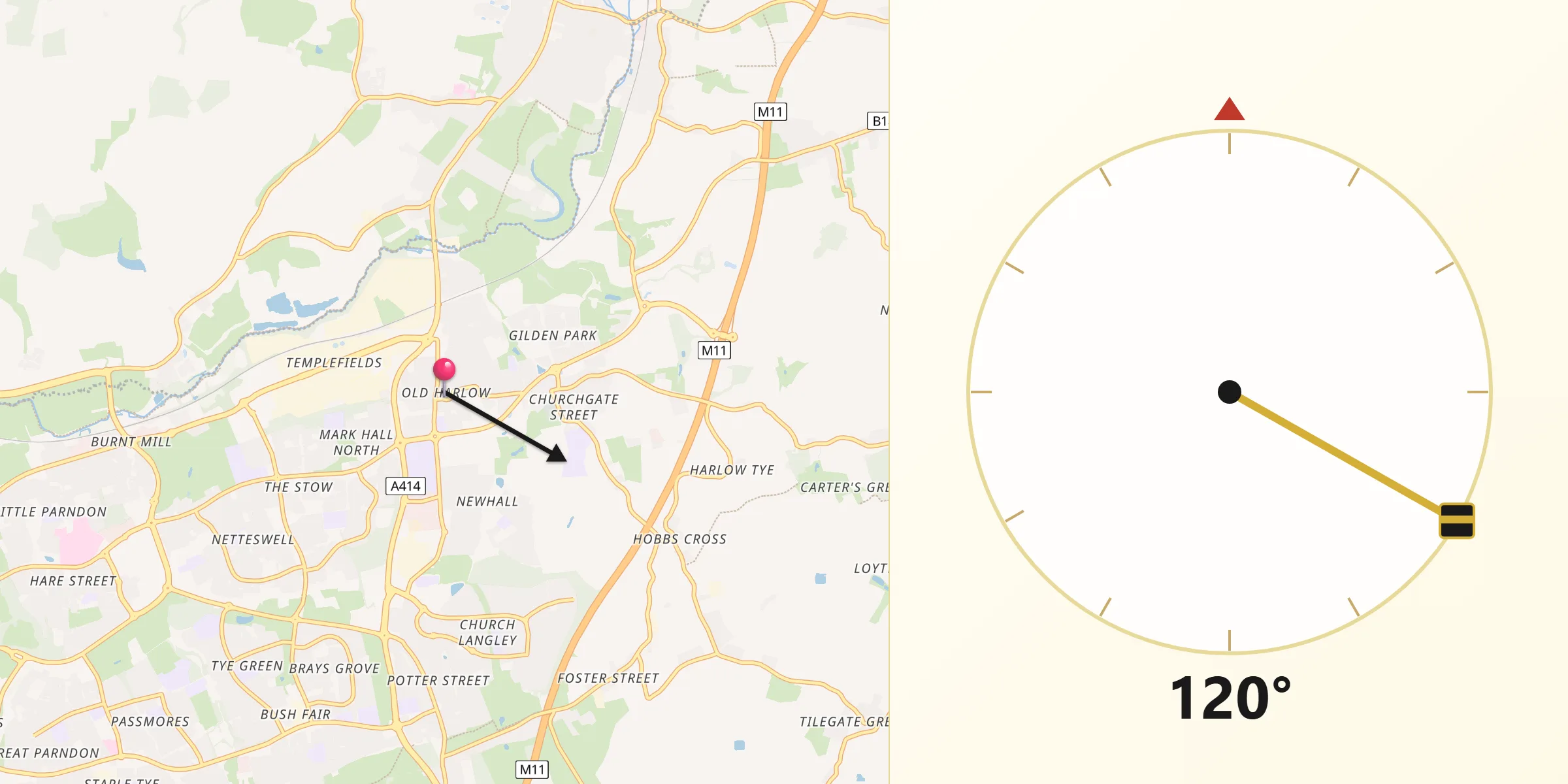 Qibla Direction from Old Harlow