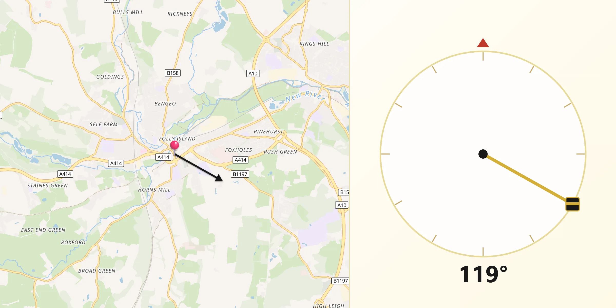 Qibla Direction from Hertford
