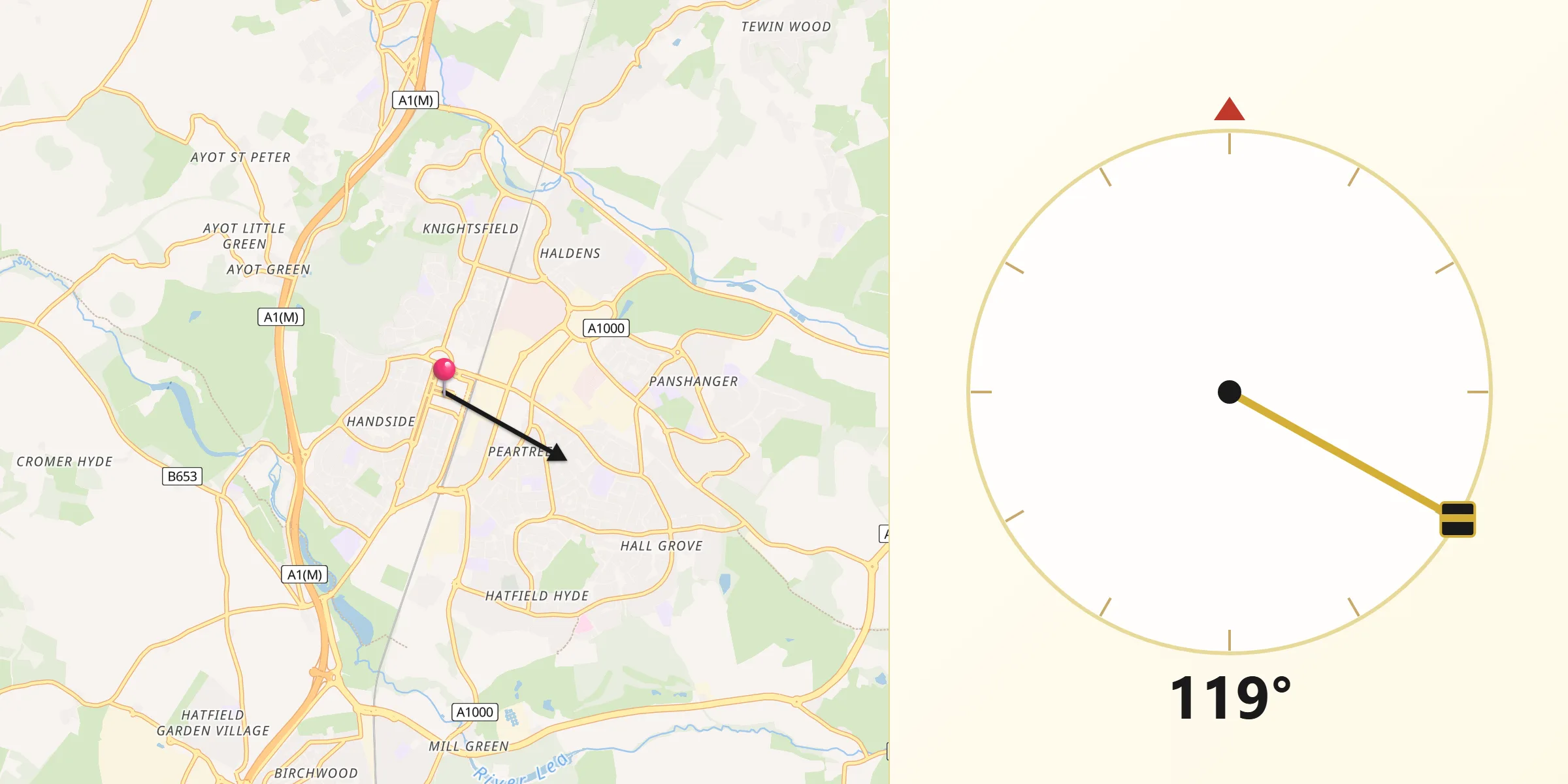 Qibla Direction from Welwyn Garden City
