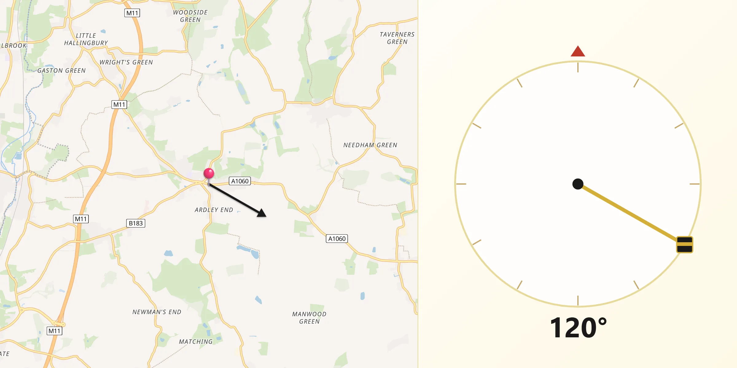 Qibla Direction from Hatfield Heath