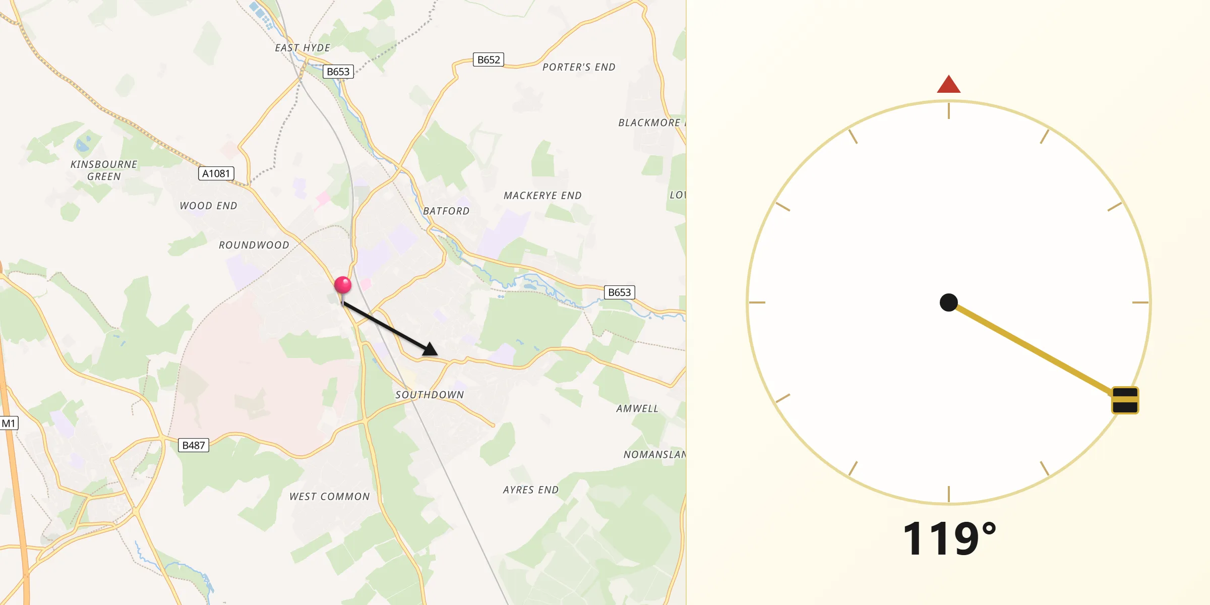 Qibla Direction from Harpenden
