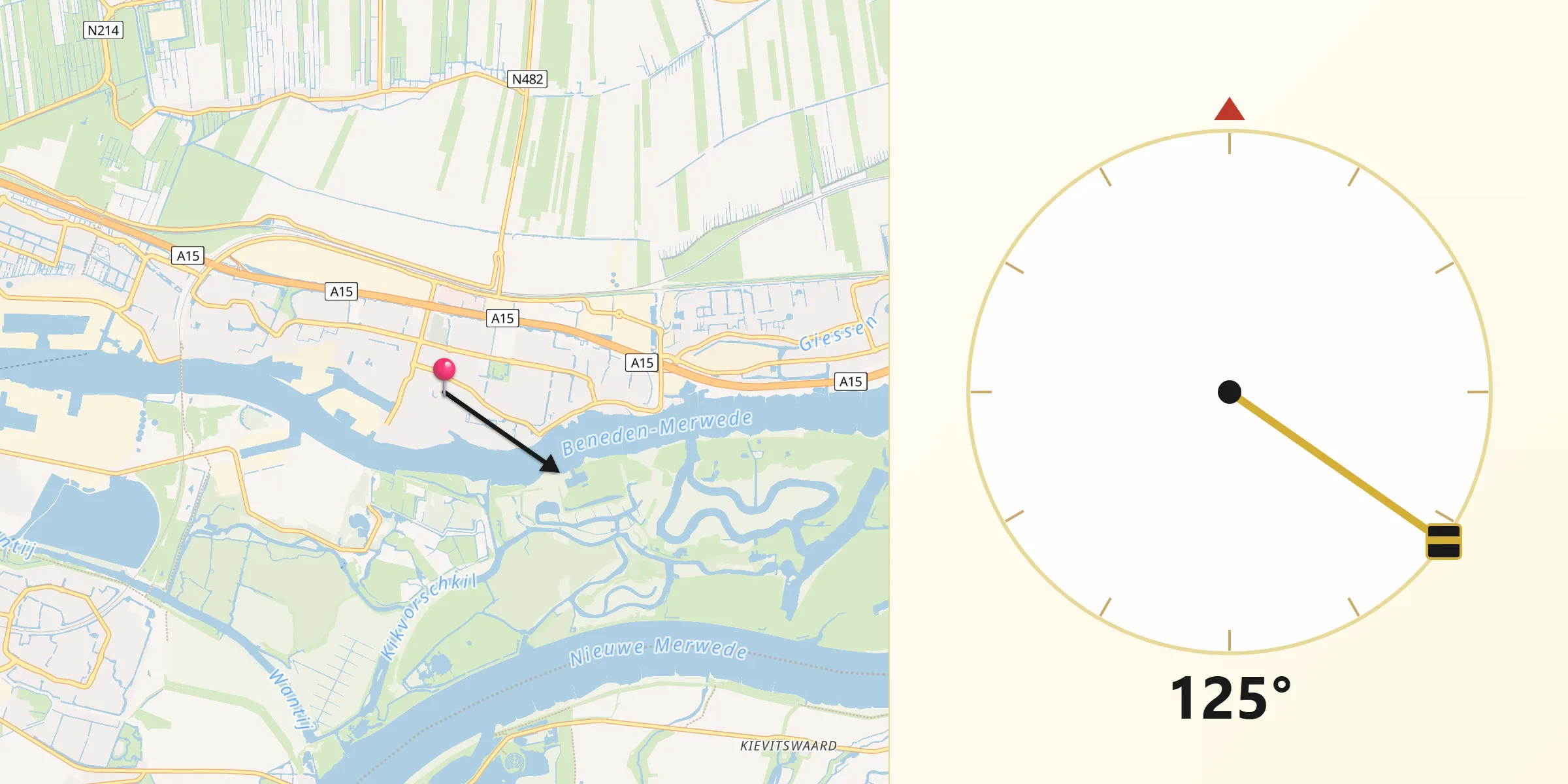 Qibla Richting vanaf Sliedrecht