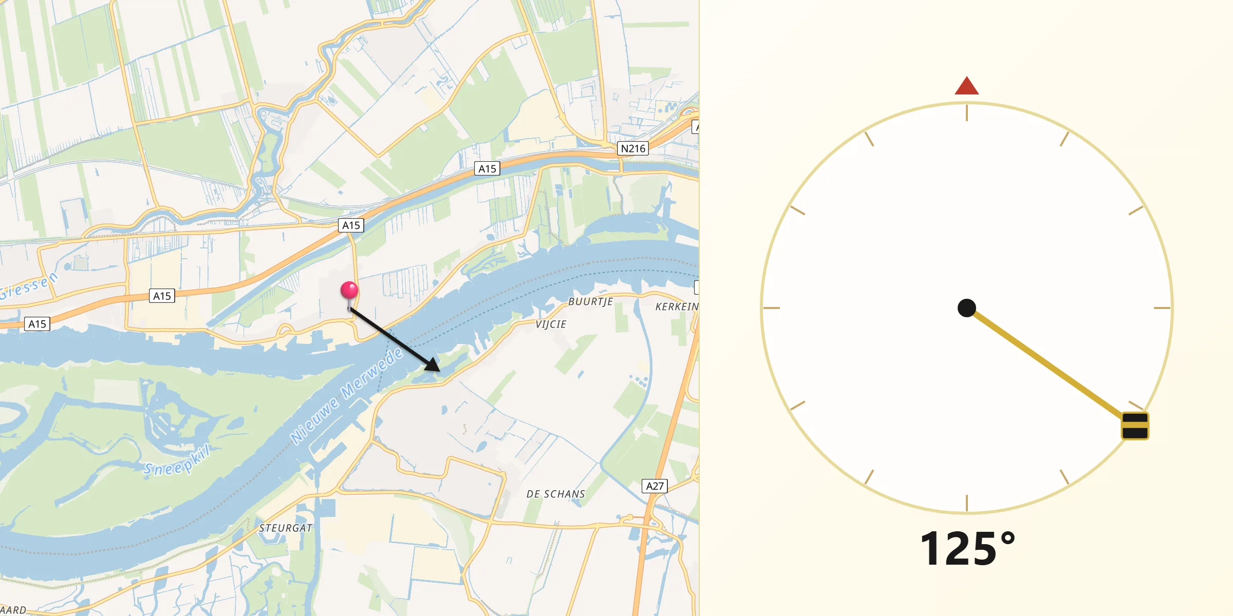 Qibla Richting vanaf Boven-Hardinxveld
