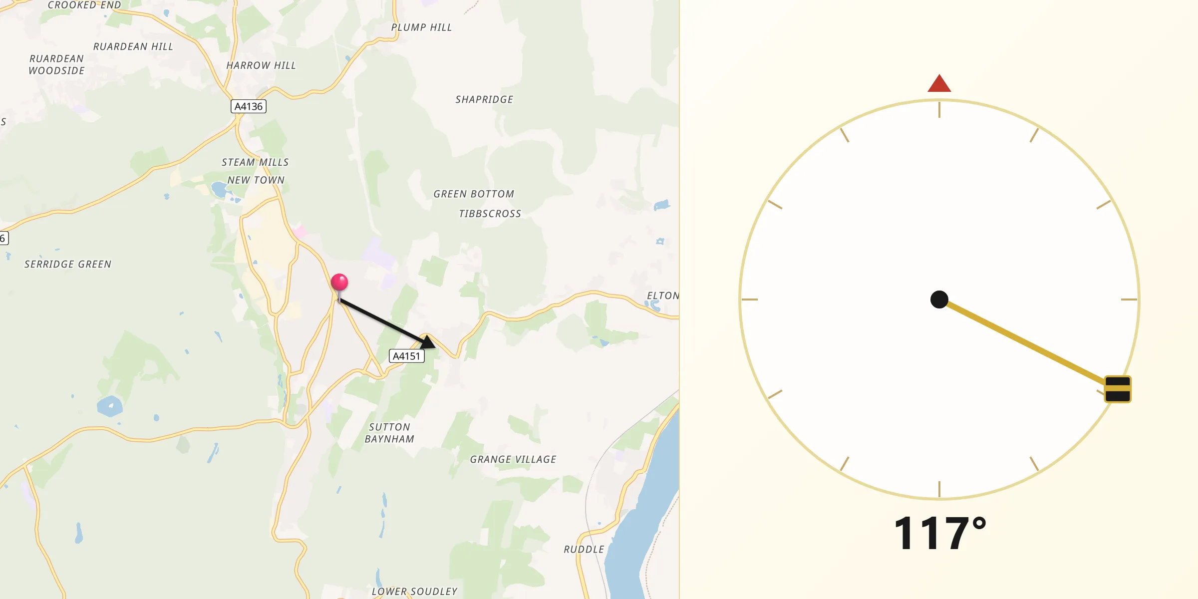 Qibla Direction from Cinderford