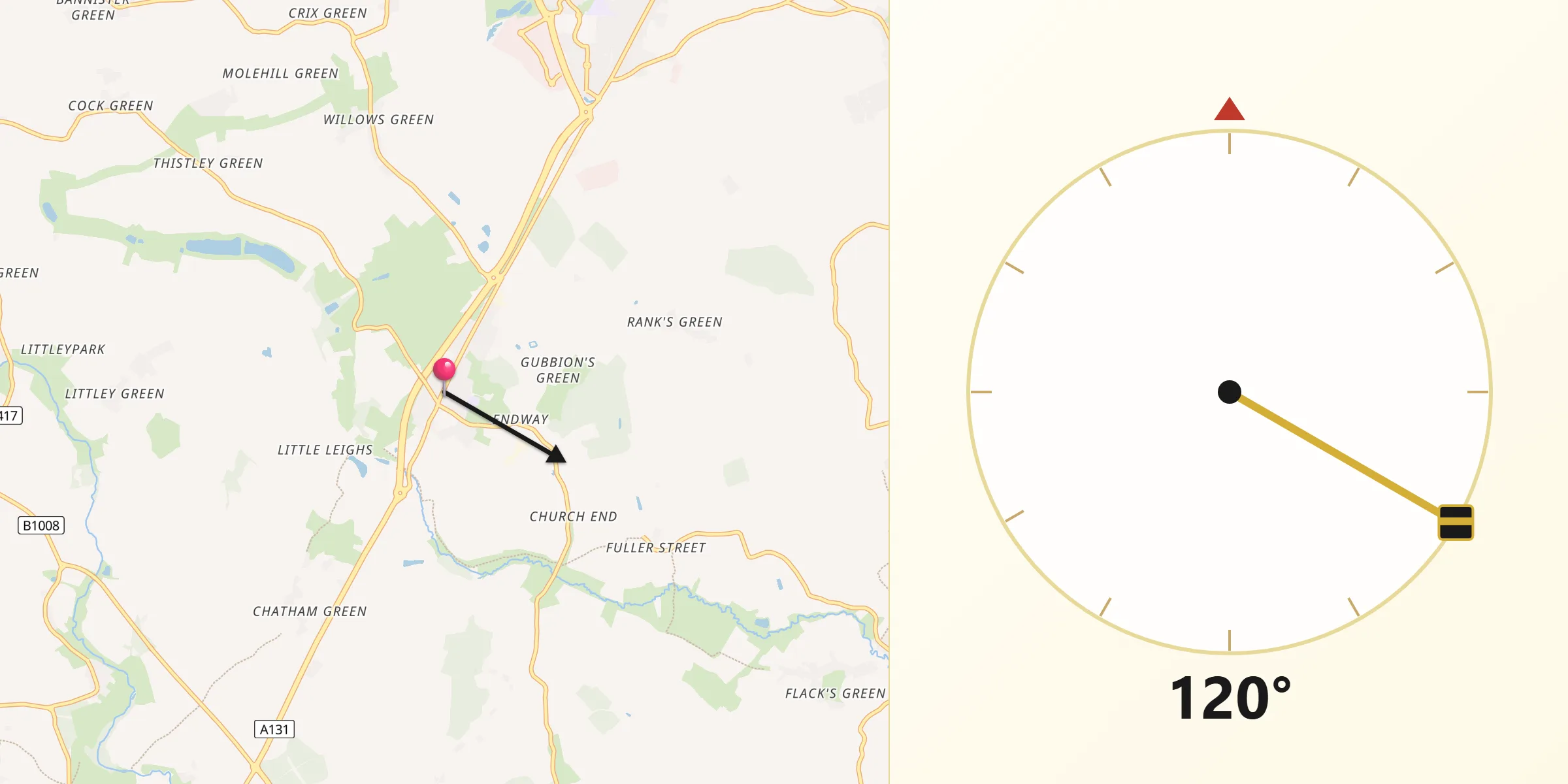 Qibla Direction from Great Leighs