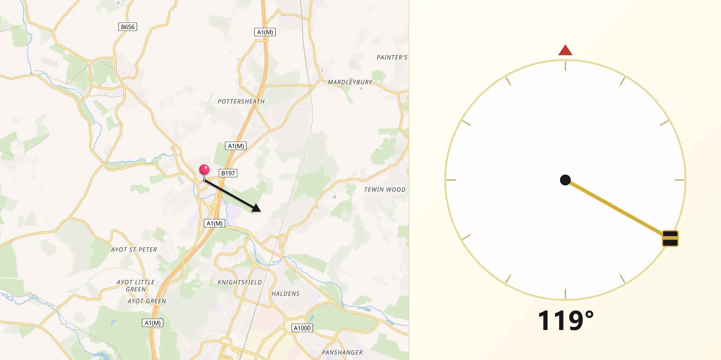 Qibla Direction from Welwyn