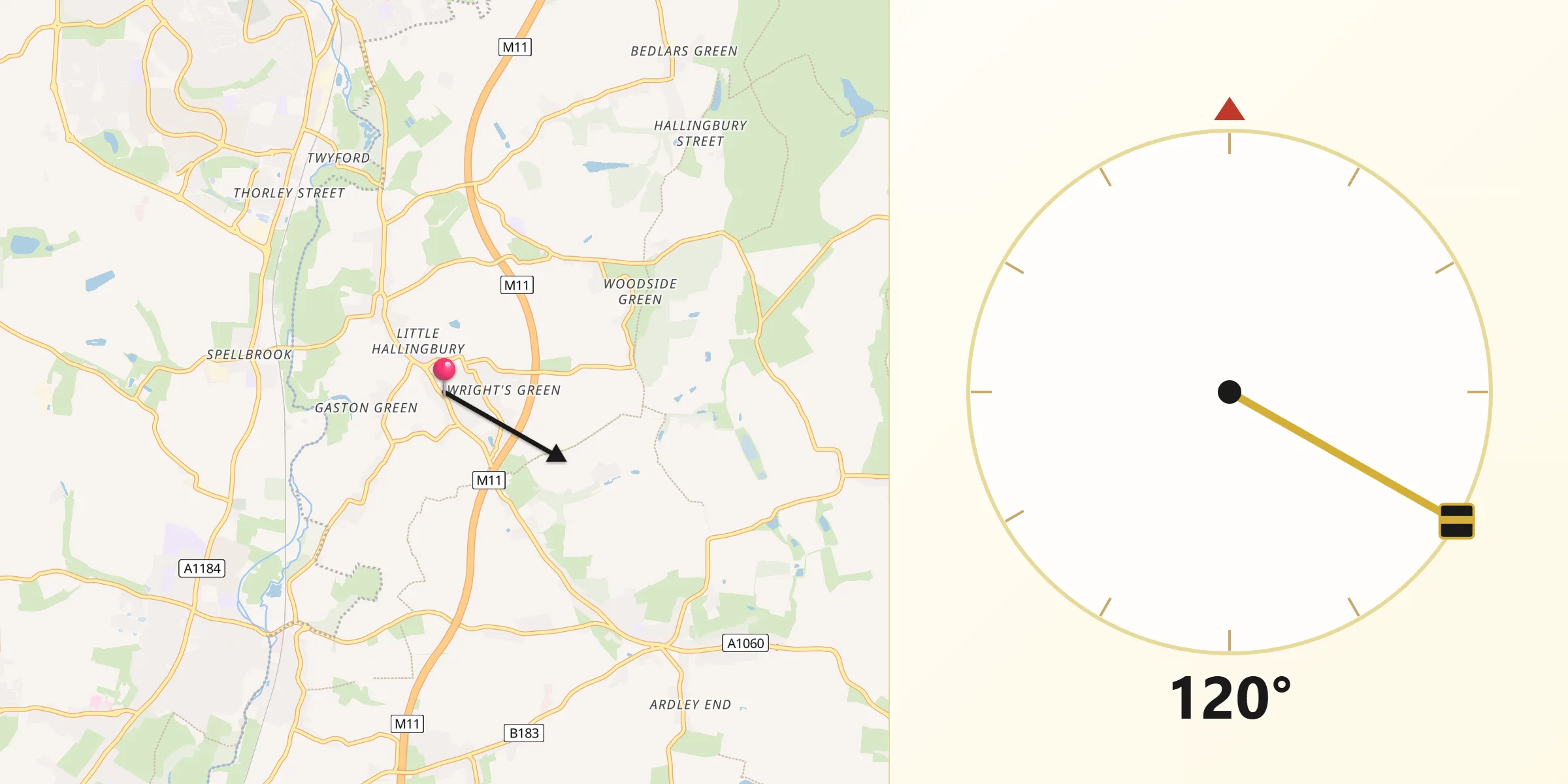 Qibla Direction from Little Hallingbury