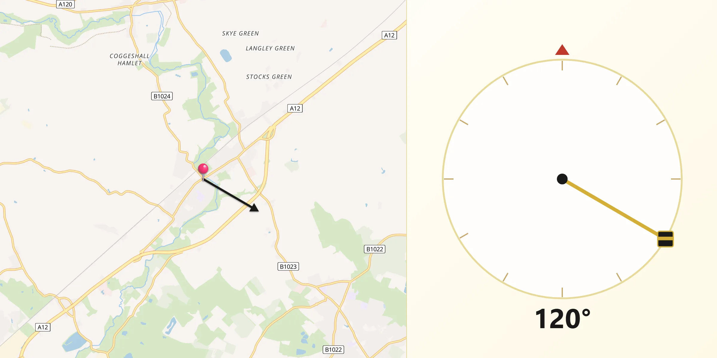 Qibla Direction from Kelvedon