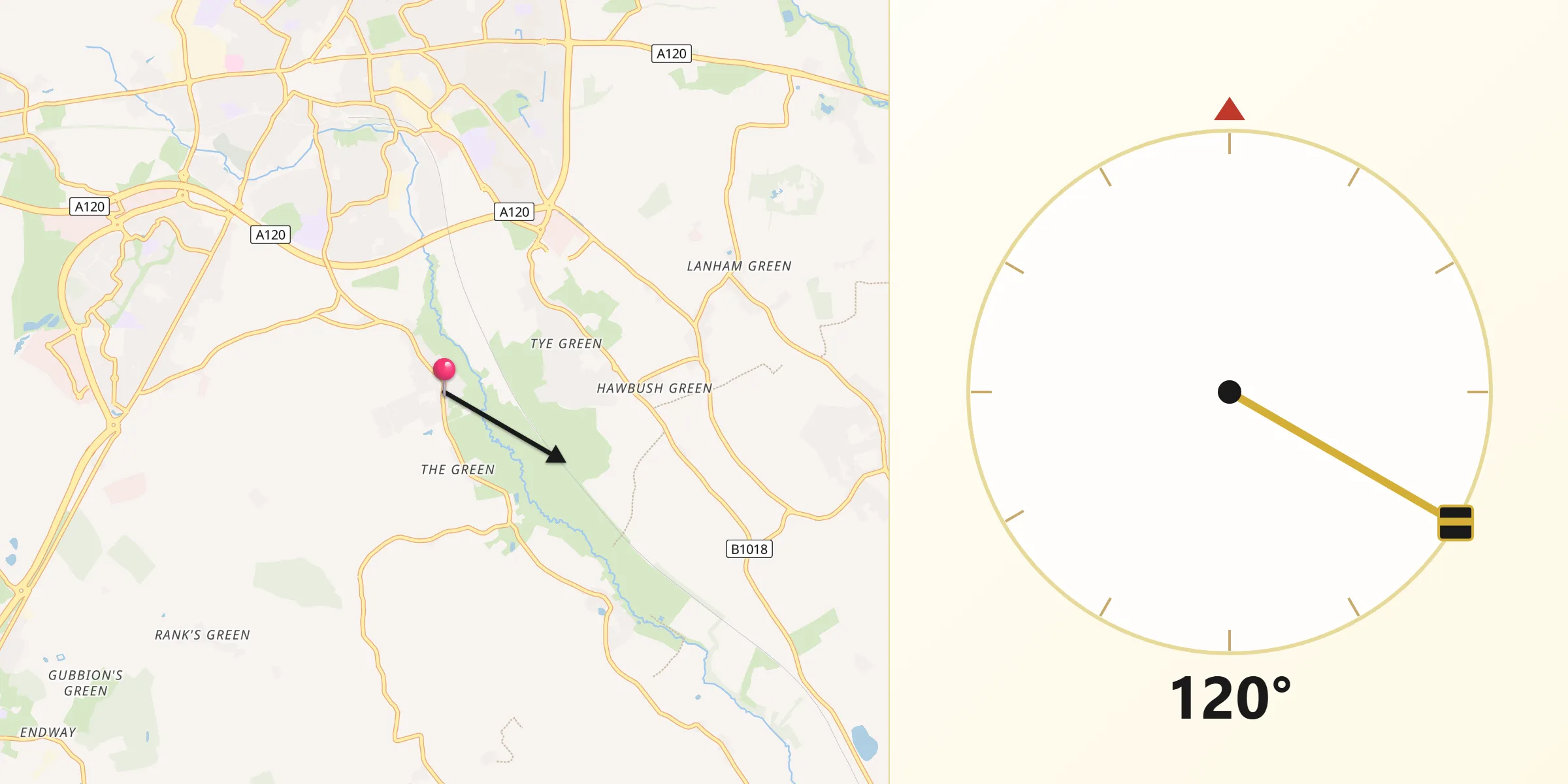 Qibla Direction from Black Notley
