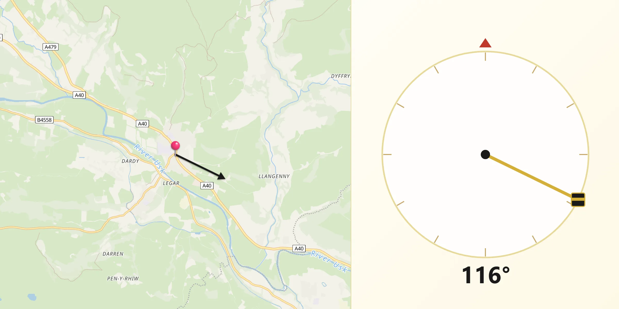 Qibla Direction from Crickhowell