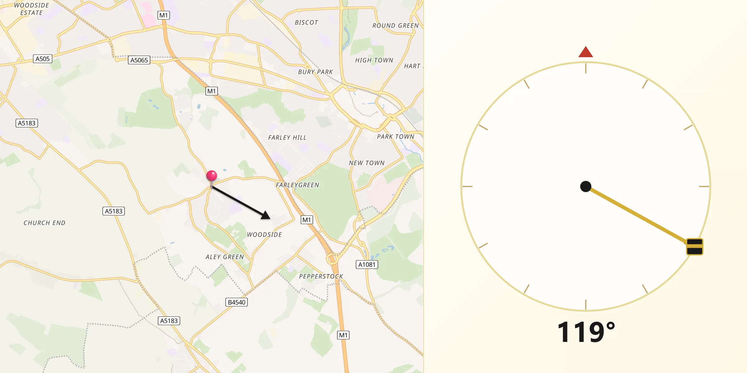 Qibla Direction from Caddington