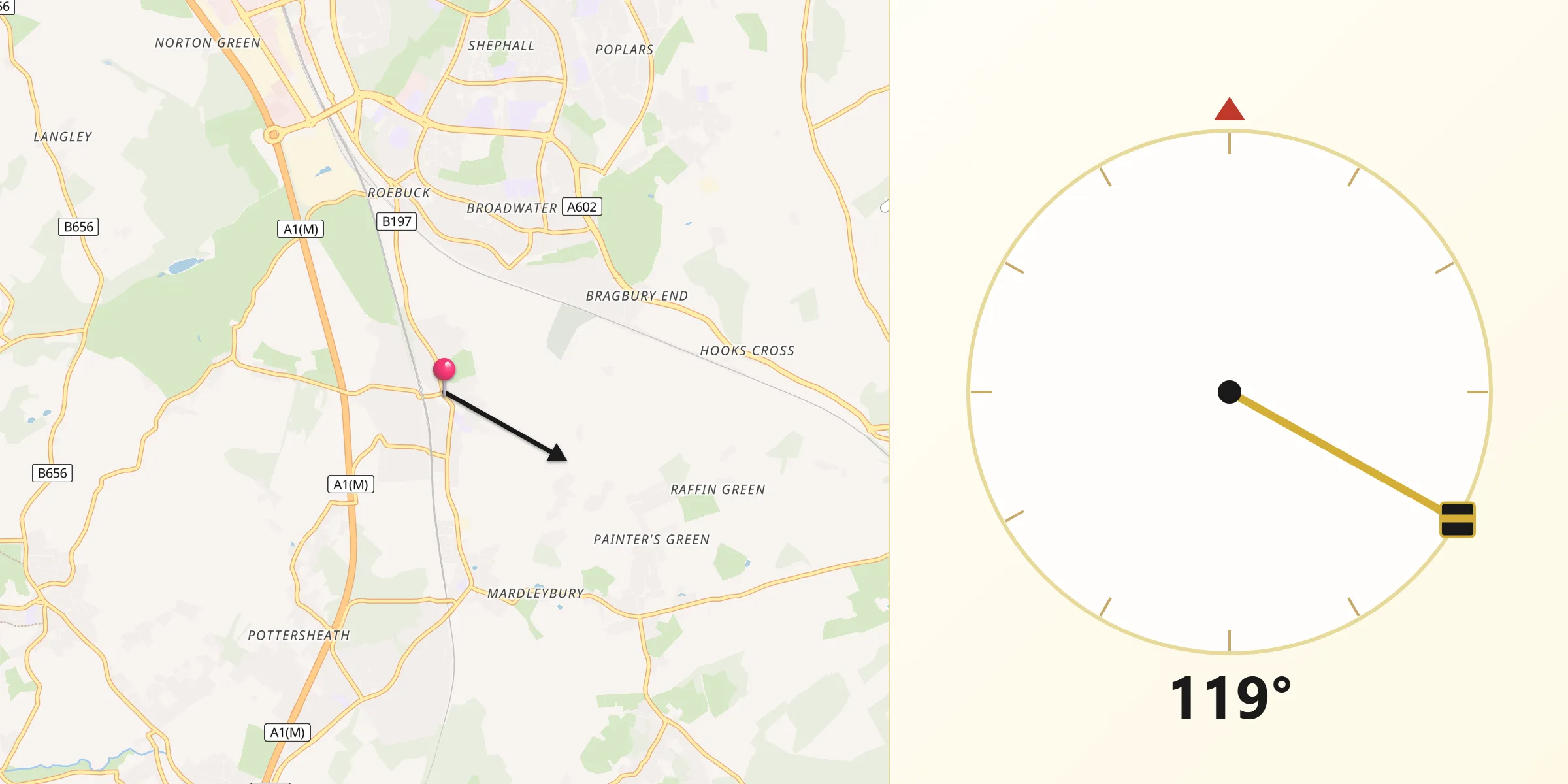 Qibla Direction from Knebworth