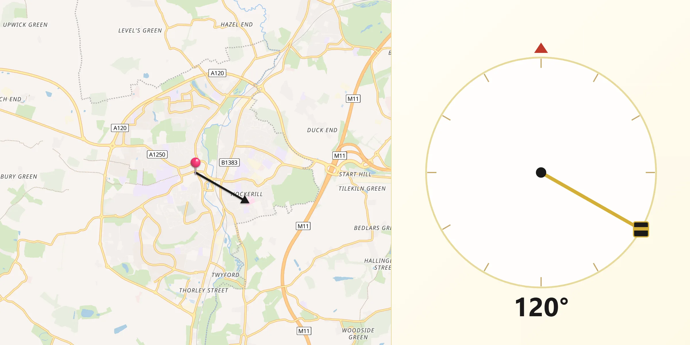 Qibla Direction from Bishop's Stortford