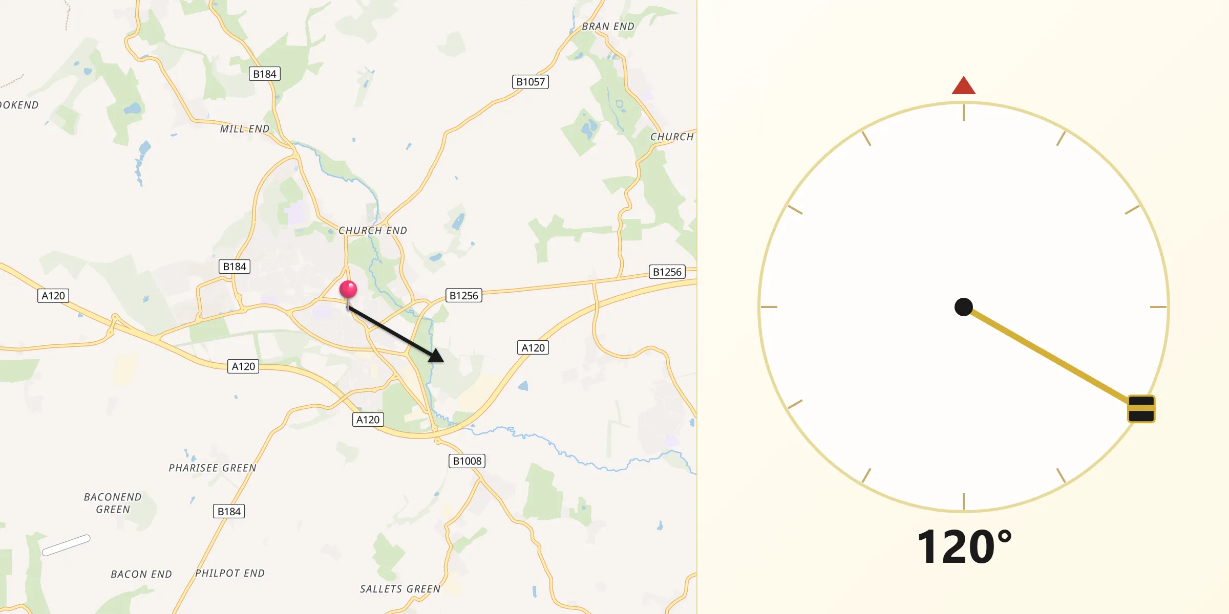 Qibla Direction from Great Dunmow