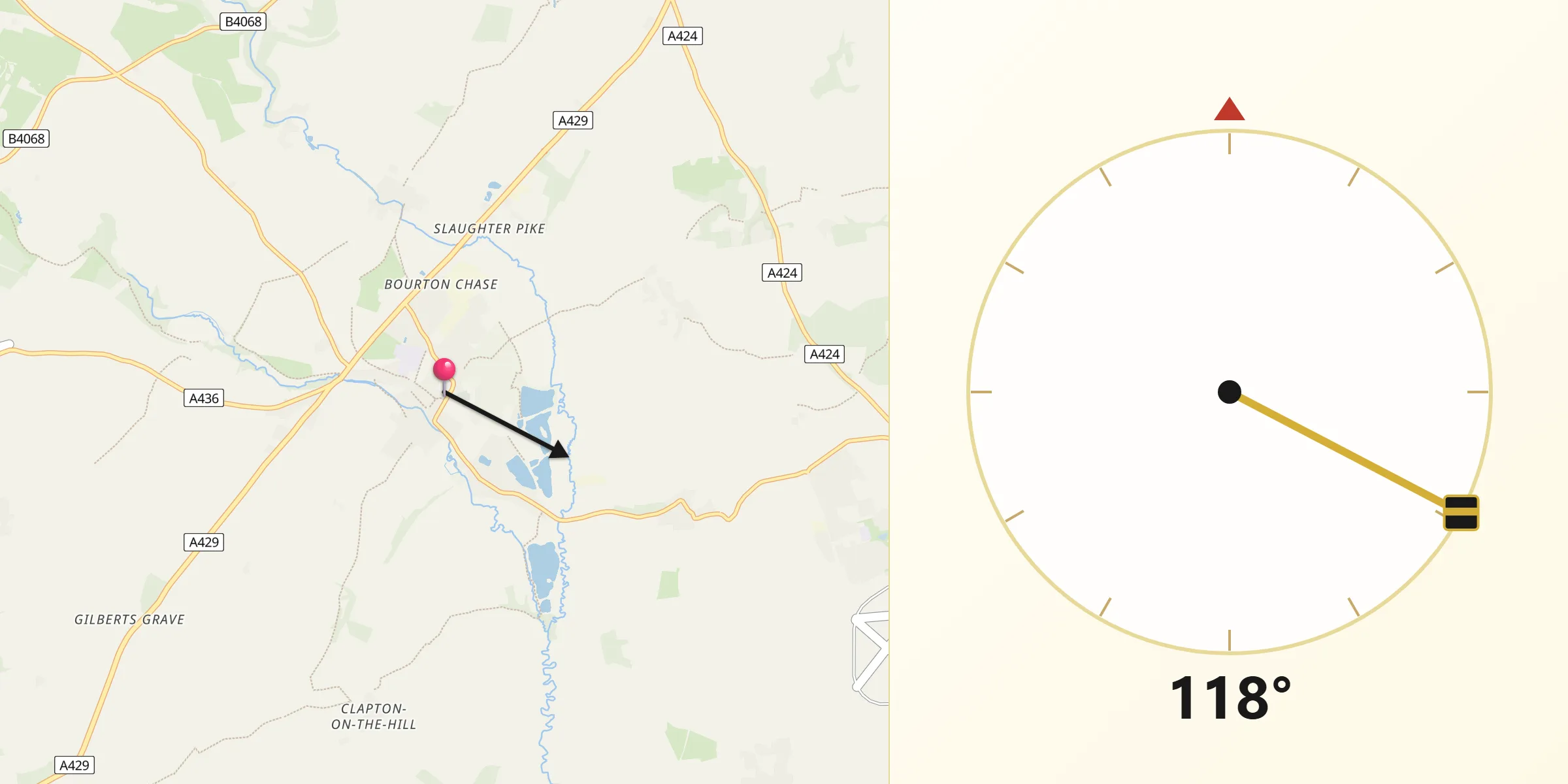 Qibla Direction from Bourton on the Water