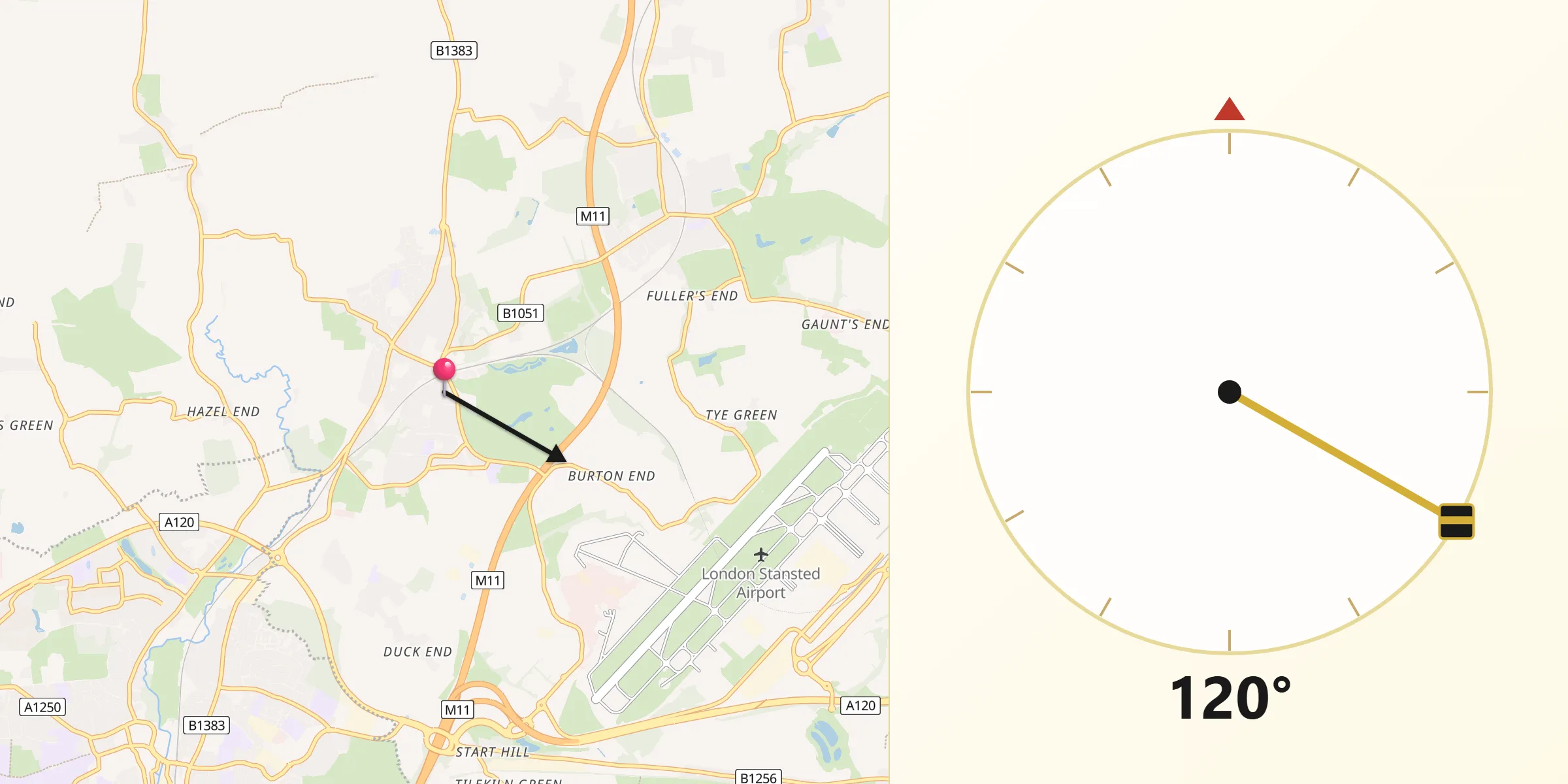 Qibla Direction from Stansted Mountfitchet