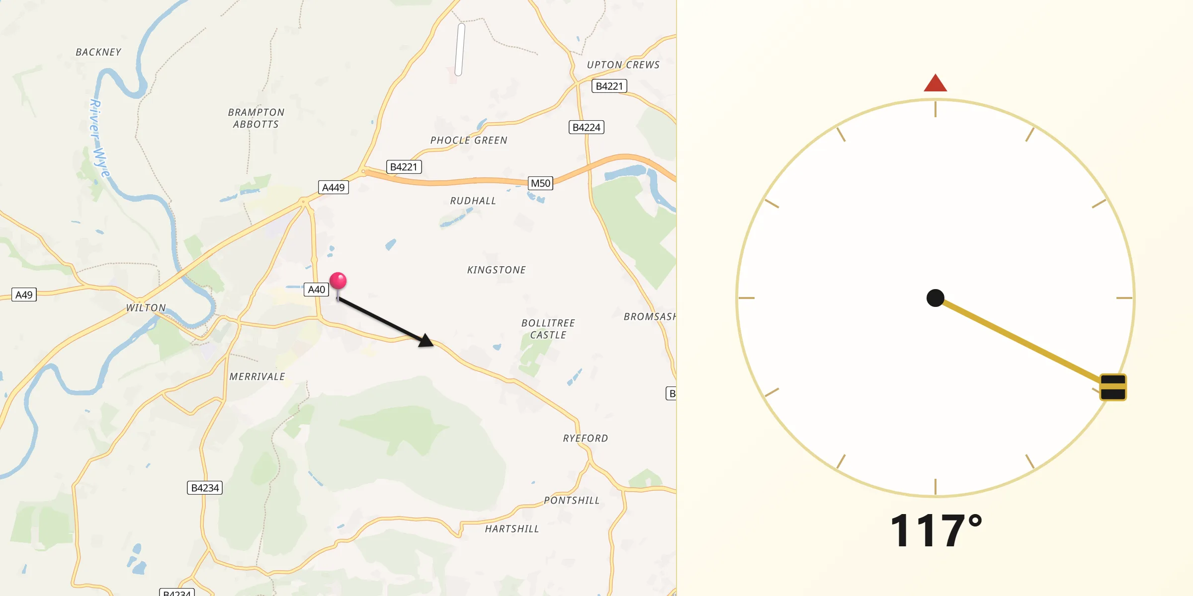 Qibla Direction from Ross on Wye