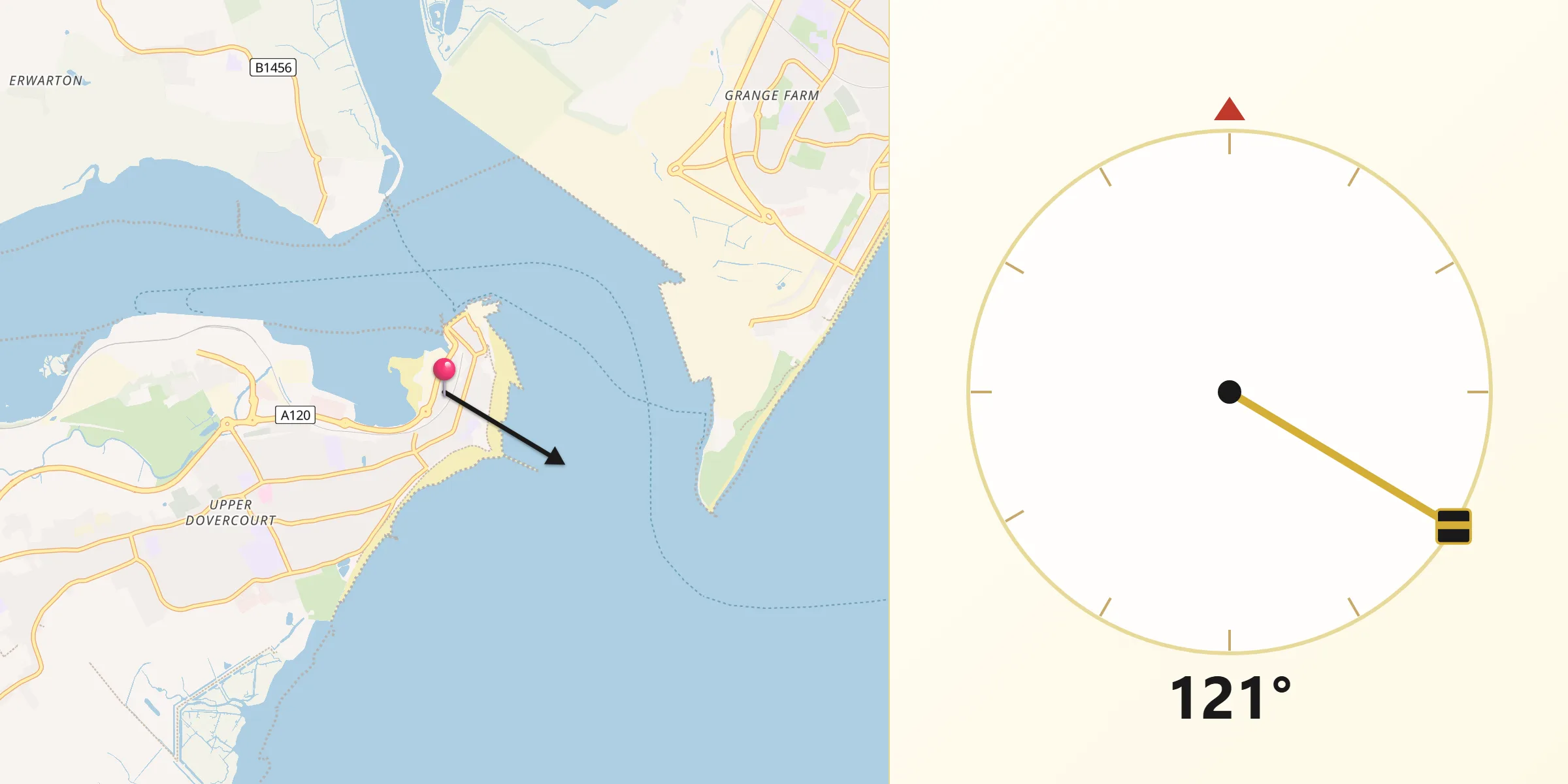 Qibla Direction from Harwich