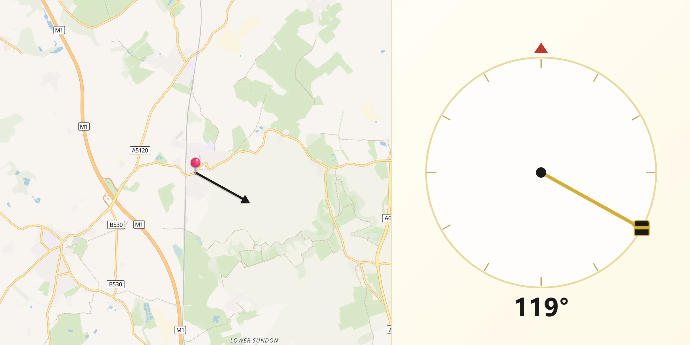 Qibla Direction from Harlington
