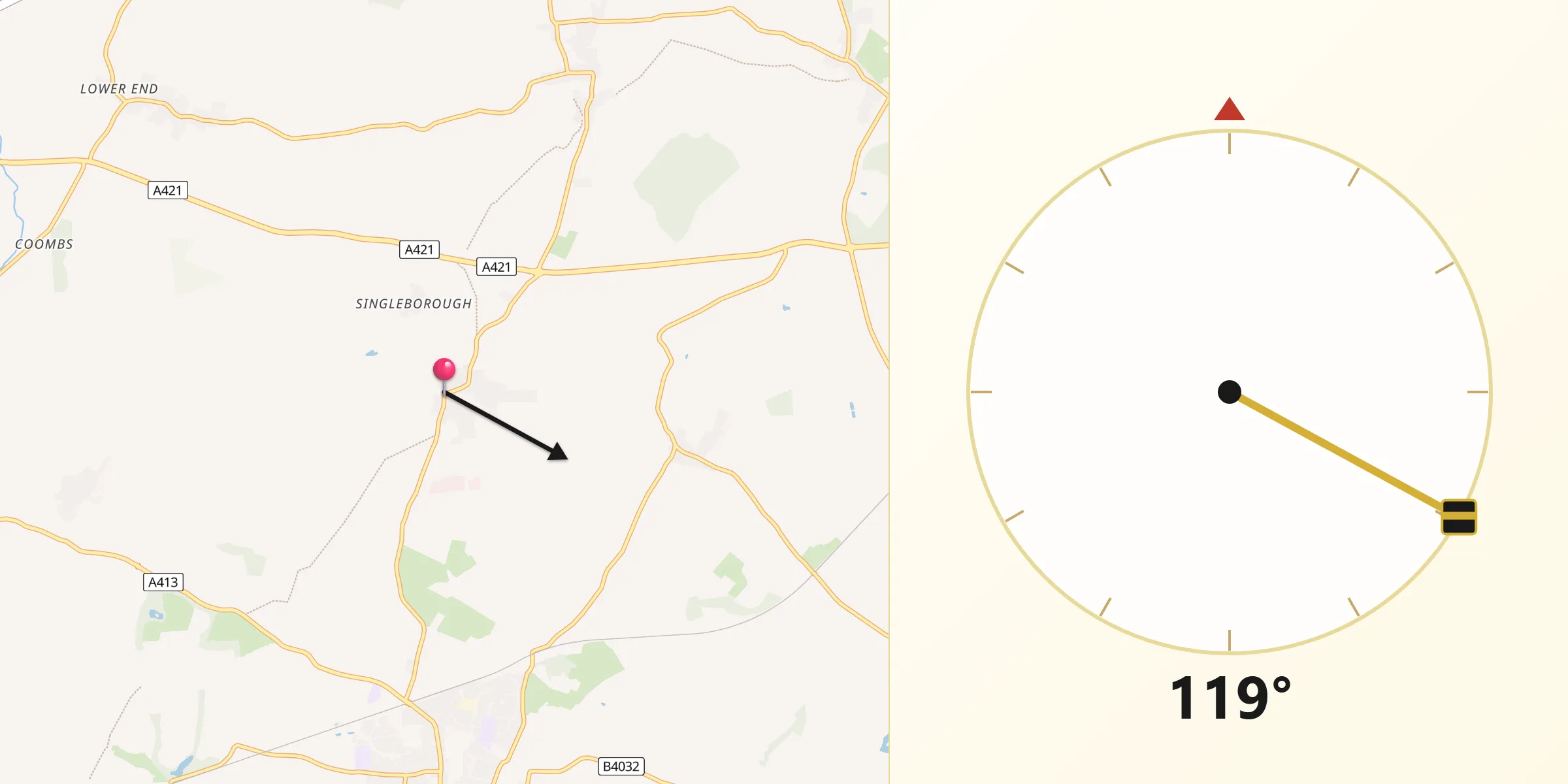 Qibla Direction from Great Horwood