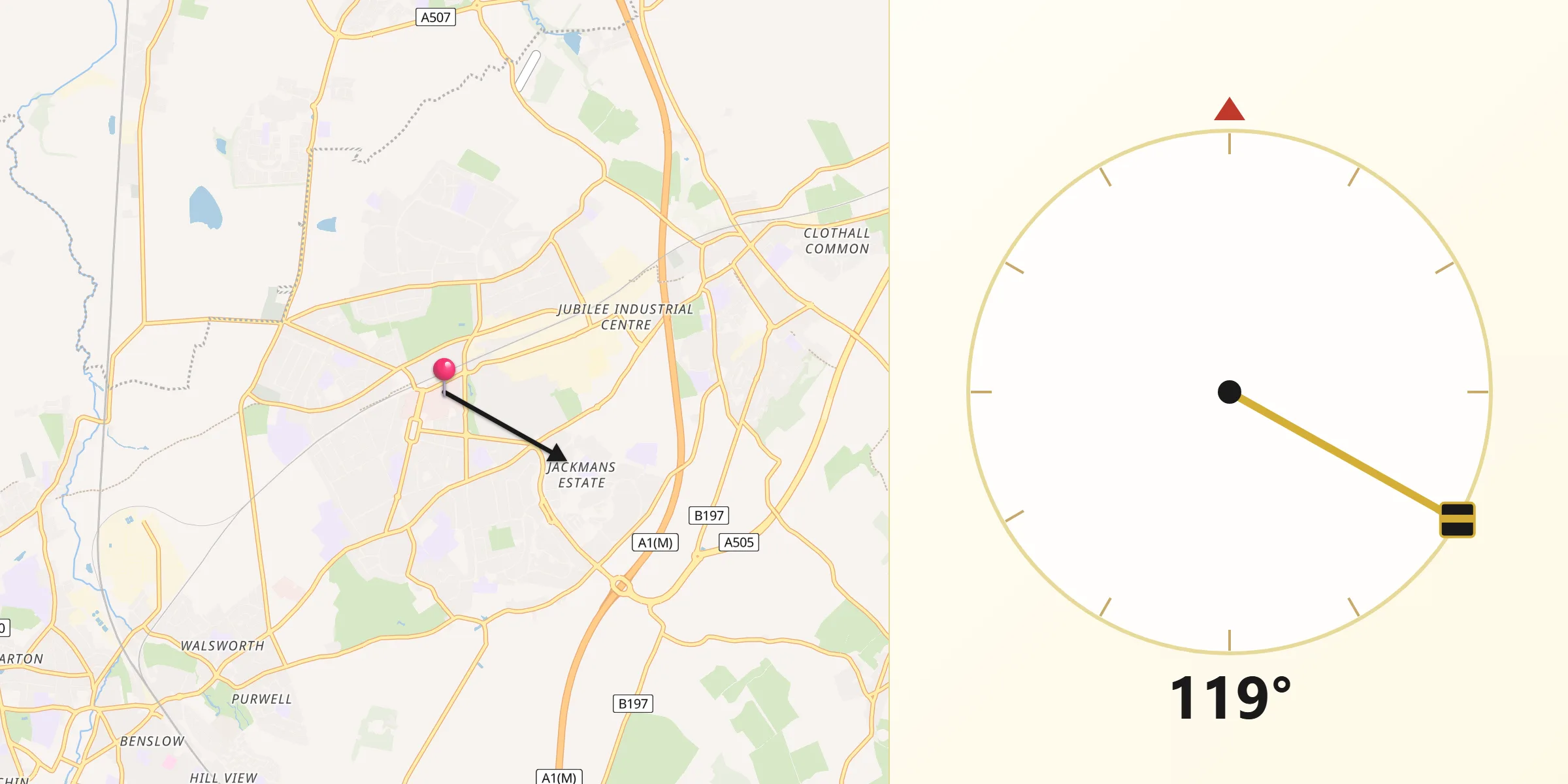 Qibla Direction from Letchworth Garden City